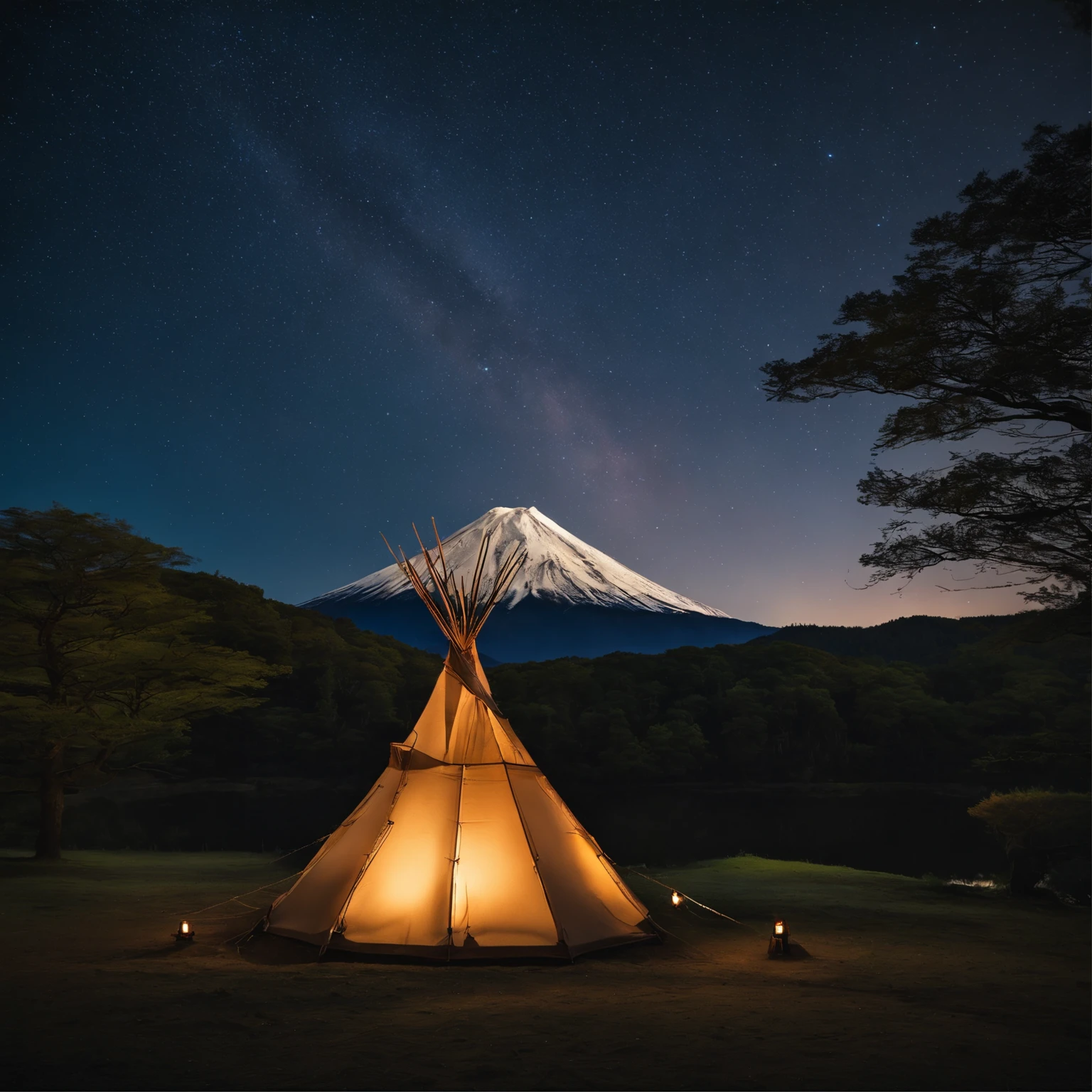 Master Parts、Superior Quality、superior image quality、The 8k quality、、Beautiful pictures of the starry sky、magnifica、Arched Milky Way:1.9、Mt fuji、lake、teepee