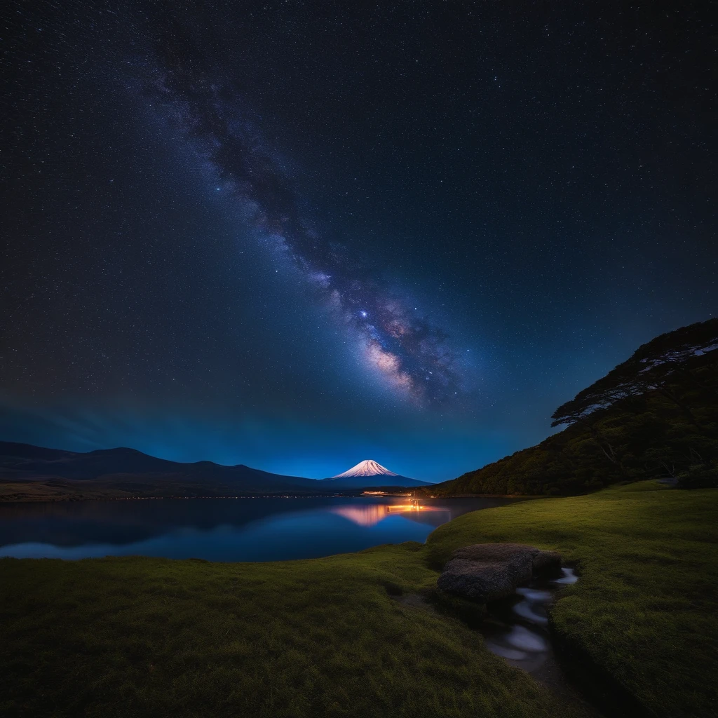 Master Parts、Superior Quality、superior image quality、The 8k quality、、Beautiful pictures of the starry sky、magnifica、Arched Milky Way:1.9、Mt fuji、lake、valley