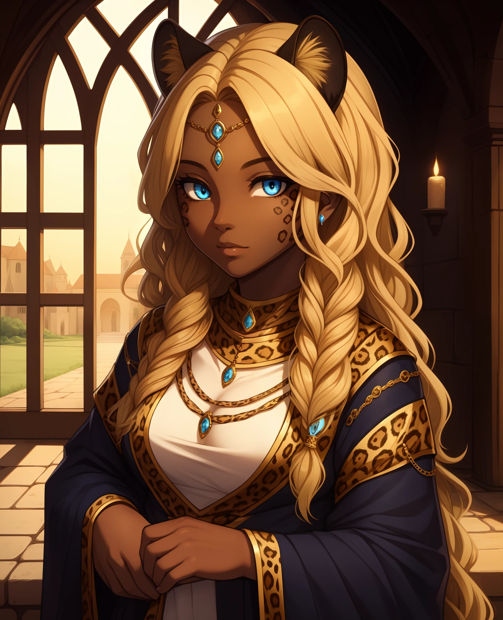 Dark Skin Woman. Leopard Woman. Blue eyes. Blond hair. Dark skin Woman. Medieval art. Curly Hair. Curly Blond Hair. Alone. DARK SKIN. Leopard Ears