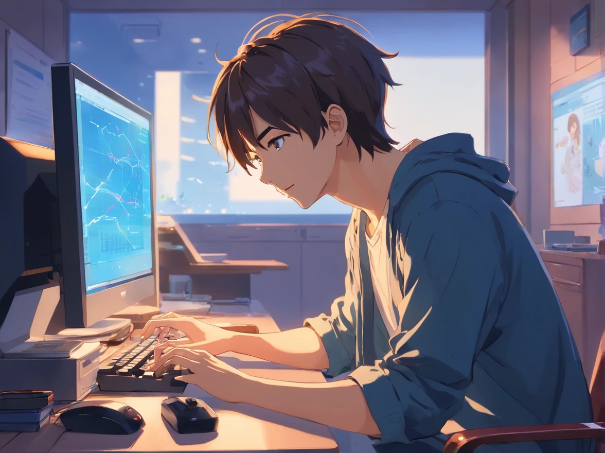(japanes:1.2),Detailed view of man in smart casual, Typing on a computer on a desk,Beautiful celebrity room, .Motivated face