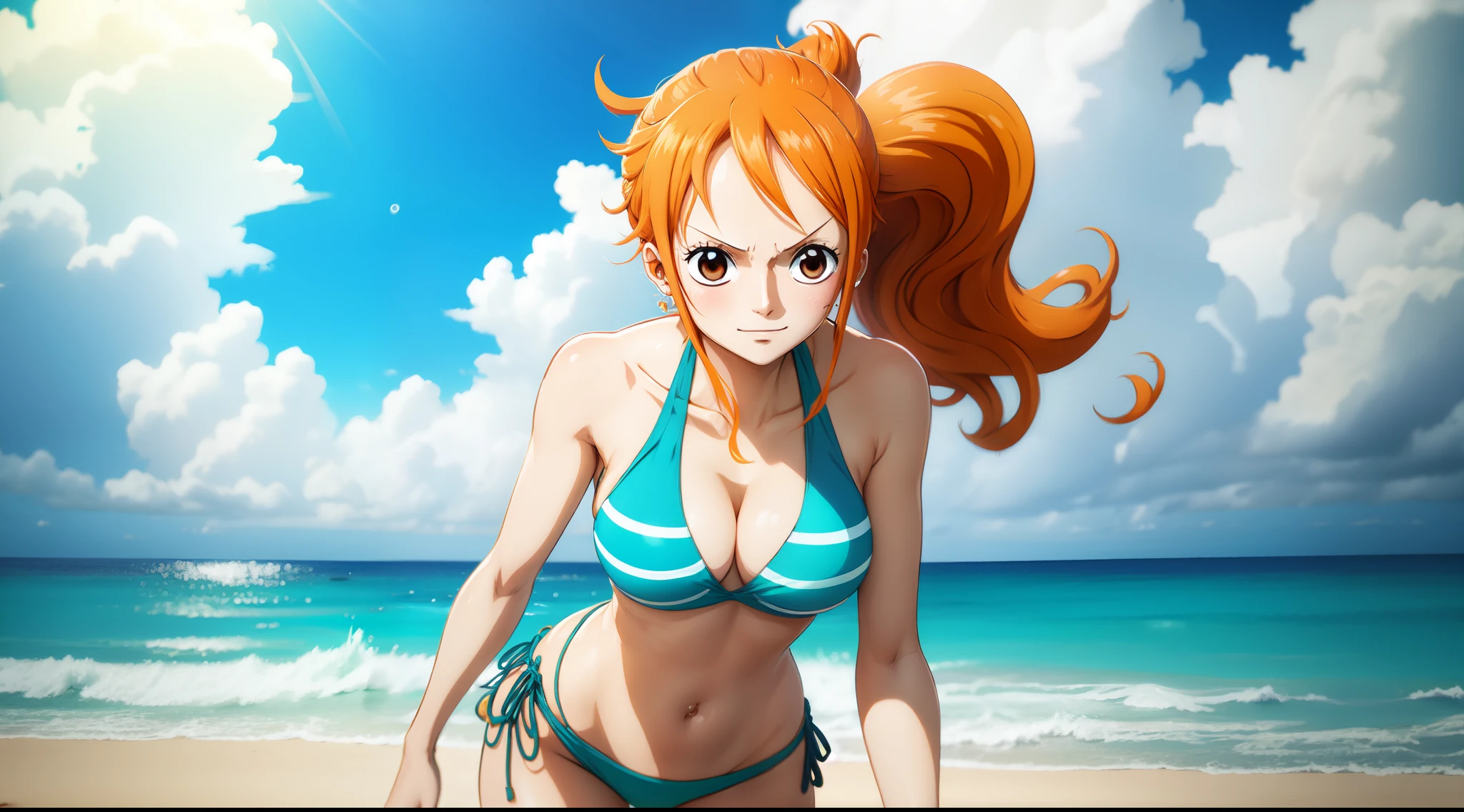 anime art style,nami from One Piece,brown eyes,orange long ponytail hair,blushing,playful expression,dynamic pose,wearing bikini, standing on the beach,sparkling blue seawater, vibrant colours.