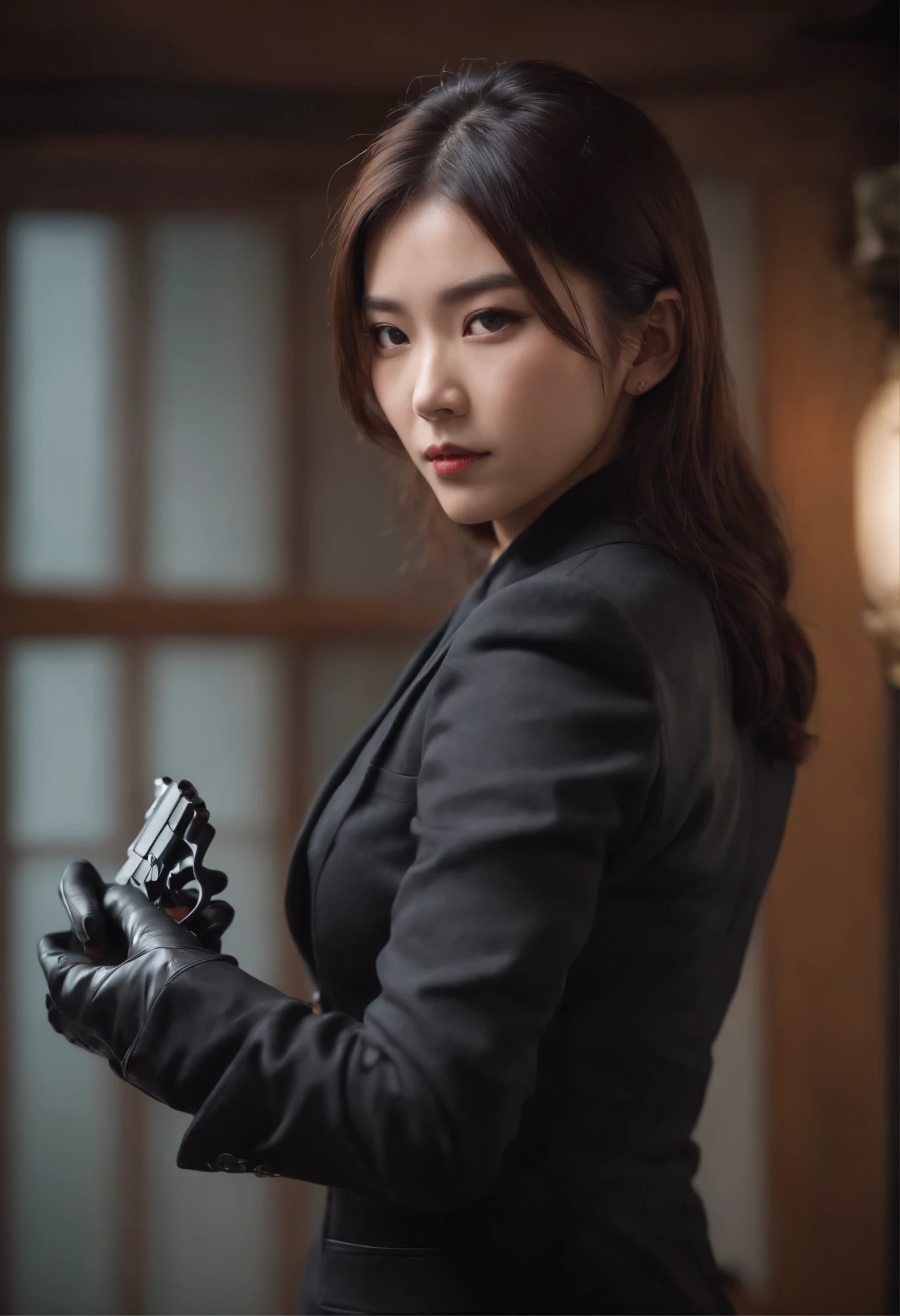 A Japanese girl in a black suit holding a gun with both hands with black leather gloves
