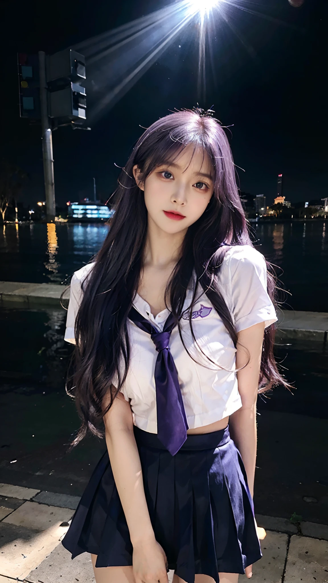 Masterpiece, Best quality, 1girll, Loli, purple hair, Blue eyes,Very long hair, hair flower, school uniform, purple uniform, purple Mini skirt, cheerfulness, Amazing, Beautiful detailed eyes, finedetail, Depth of field, Extremely detailed CG, Original, Outdoors, soaking wet, Knees under water, beautiful detailed water, Beautiful detailed sky, fluttered detailed splashs, author, Colorful, hdr, colorful refraction, inematic lighting, attractive pose, upper body capture,