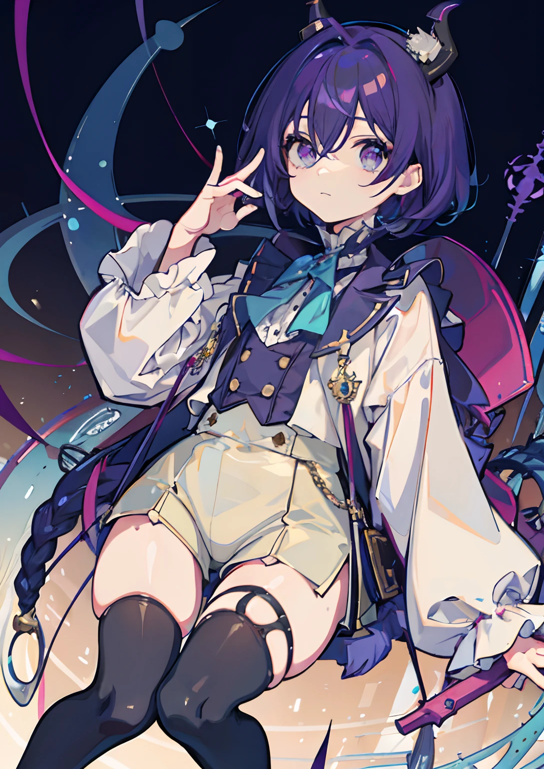 Male child,Solo, Alone, full body Esbian,fullllbody,Horns Japan on the side,Focus on character, Calm face, (((Shota))), Purple three-legged tentacles,Purple horn, Man's, ((???)), child, Aristocratic clothing, victorian clothing, Victorian style, Kodona, Magenta, Long sleeves, puffy long sleeves, Stockings, Fantasy, Medieval, wide々and shorts, Knickers Shorts, Library,, dishevled hair, Shaggy hair, protruding hair,short-cut,Blue-black hair, Puffy hair, 8K, nffsw, 8K HD, Hyperdetride, detailed character, Detailed eyes, Detailed face, Detailed eyes, low illuminance,Right eye is blue,Yellow left eye,odd eye