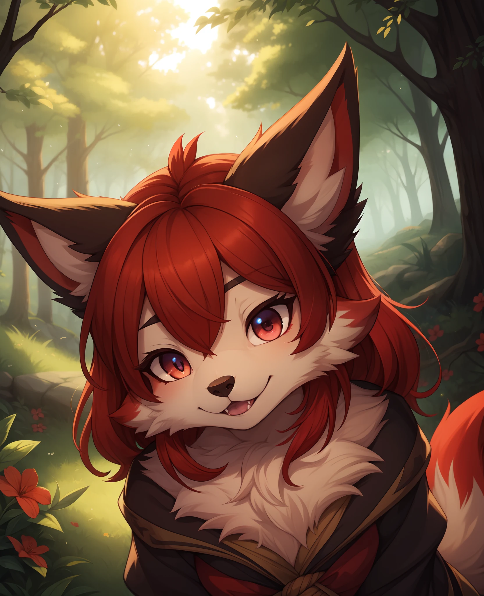 araffe with red hair and a furry tail in the woods, very very beautiful furry art, dramatic cinematic detailed fur, furry art, furry fantasy art, loish and wlop, anthro art, furry wolf, pov furry art, furry art!!!, kemono, 🌺 cgsociety, furry mawshot art, loish |, zorua pokemon, detailed fanart,