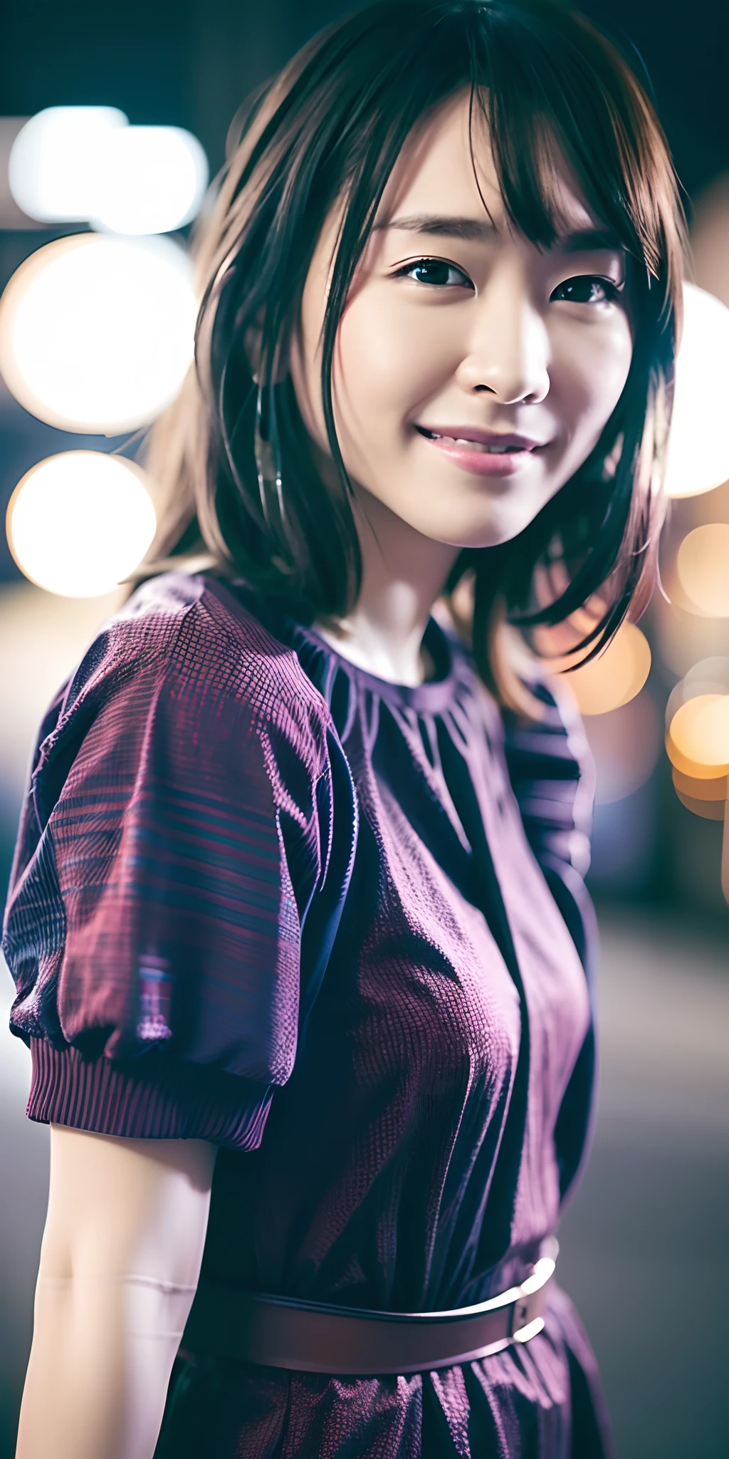 1girl, Tokyo street,night, cityscape,city lights,upper body,close-up,smile,, (8k, RAW photo, best quality, masterpiece:1.2),(realistic, photo-realistic:1.37),