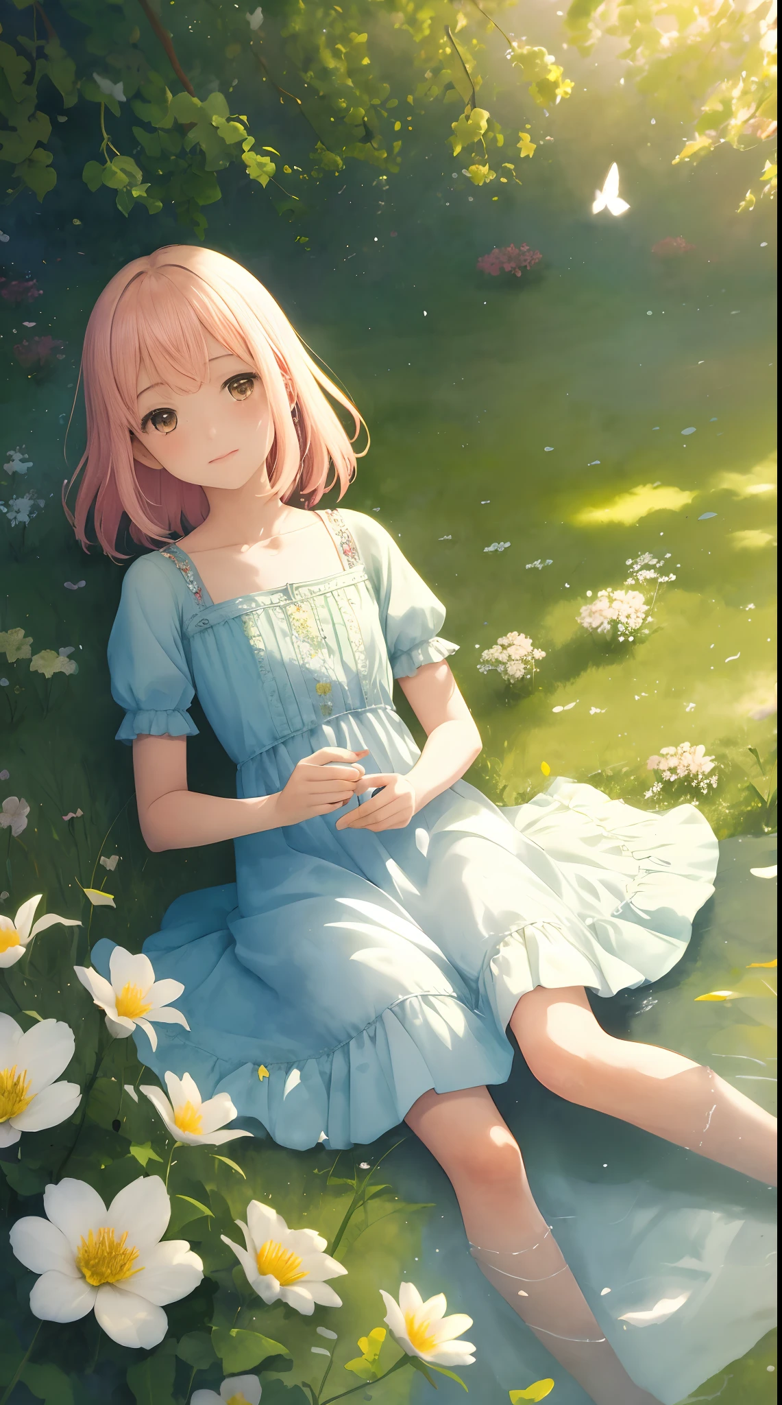 aquarela, pinceladas soltas, cores vibrantes, soft-lighting, retrato, retrato de uma jovem mulher, serene expression, fluttering dress, campo de flores, borboletas, brisa suave, harmonia natural.