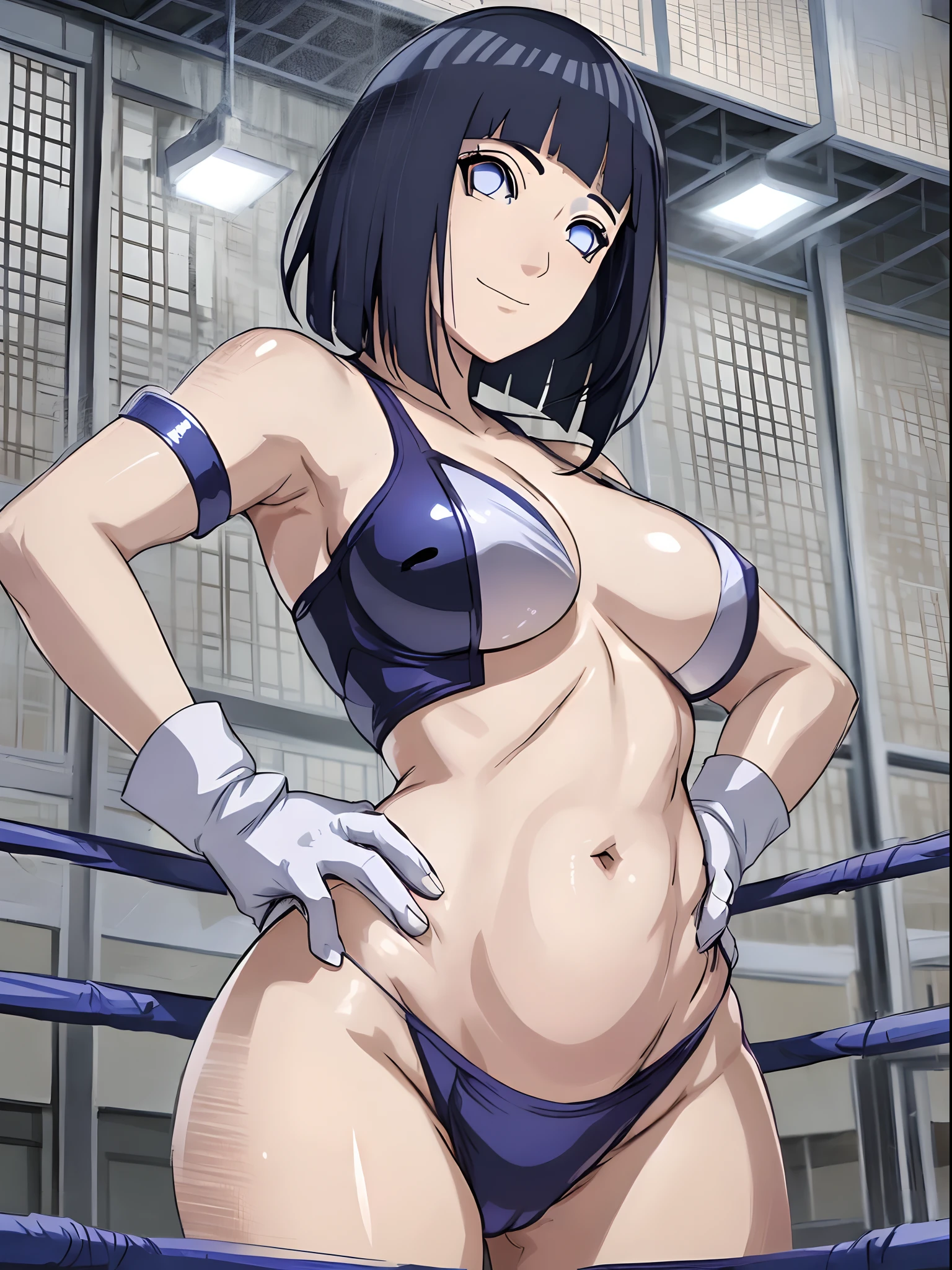 (ultra detailed body, ultra detailed face), ((solo, 1 girl)), anime style, hires, ((wrestling stage, (children watching))), (hinata\(boruto\), (female wrestler), (slender body, broad shoulders), mature woman, milf, (leotard with open belly button area, ultra detailed pro wrestling gear, long gloves), extremely gorgeous, (smile, closed mouth), (pale skin, shiny skin, lighting and shadow), (dark blue hair color:1.1), wavy hair, ((short hair, hime cut), big breasts, ((hands on hips)), (long belly), (very seductive), (perfect eyes, white sciera, bright eyes, white eyes, anime eyes)