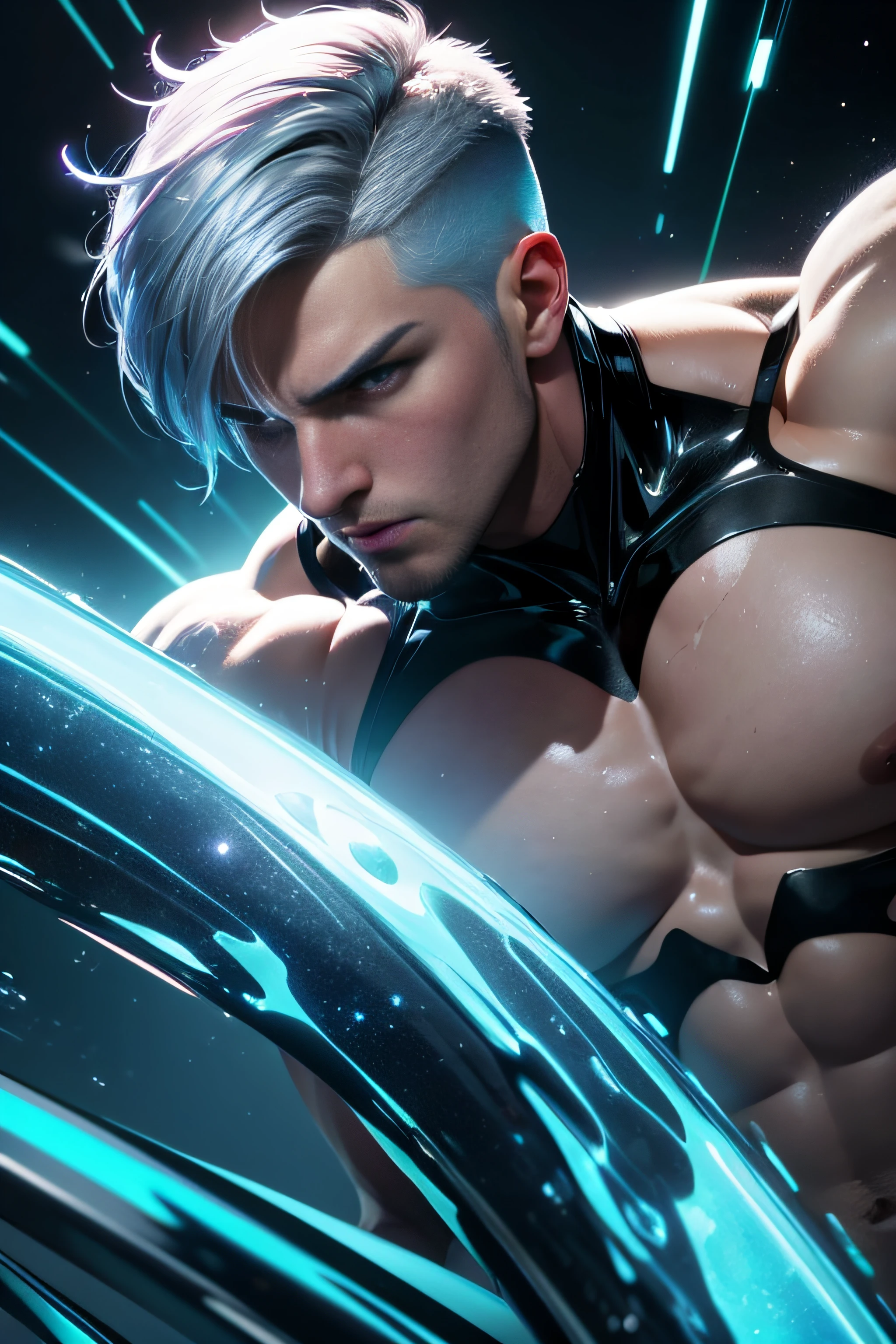 (mid_shot:1.3),(1 male:1.2),(muscle man:1.1),(frontal illumination:1.2),with a silver body and glitters with lights above,extreme iridescent reflection,in the style of vray tracing,vibrantmanga,shiny/ glossy,rococo pastel,fluid form,tinycore,fluid impressions,vray,machine aesthetics,yanjun cheng,silver,shiny eyes,fluidform.,the young warrior,male characteristics,