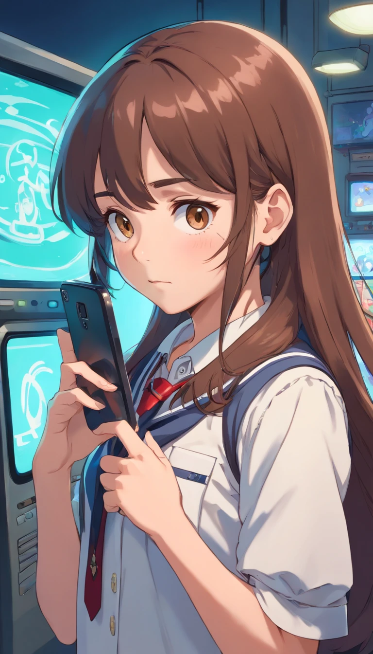 A girl with long brown hair,handling a phone,wearing school uniform,a gamer,serious face,with head phone.