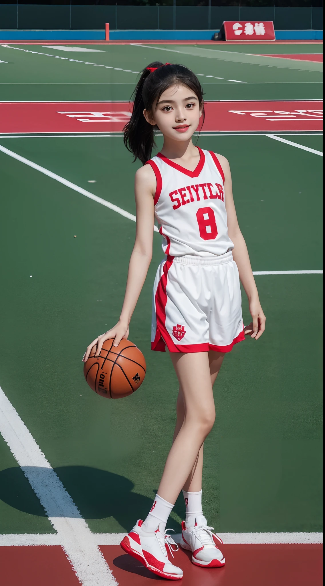 (shoulder length straight short black hair: 1.2), (Extremely meticulous CG 8k wallpaper),(Extremely refined and beautiful),(Masterpiece),(best qualtiy:1.0),(Ultra High Resolution:1.0),beautiful light up,Perfect lightning,realistic shaded,(A high resolution),Smooth and flawless fair skin,Extremely exquisite facial details,ultra - detailed,(A beautiful 8 years old girl:1.6),small head,slim,thin,Smile,cheerfulness,(red frontal band tied to the forehead:1.2), (short ponytail:1.2),Hair flying up,(White basketball uniform with red lettering:1.1),(White socks:1.1),(White basketball shoes:1.1),(bouncing a basketball:1.2),early autumn,Morning, bright sunshine, blue sky,At school, on a vast playground, standing on the red plastic track,green football field,Close Shot,Surrounded by a crowded crowd of many people in same attire