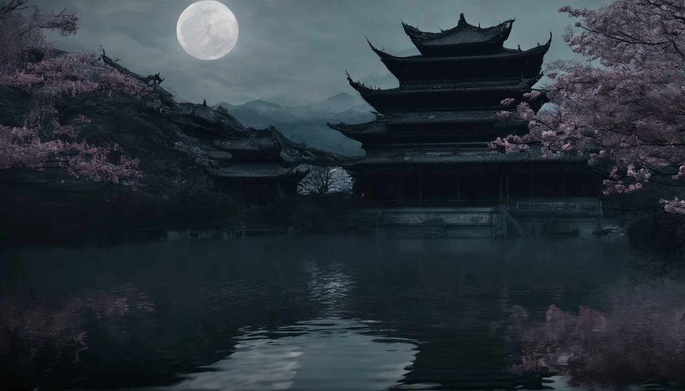 Chinese style buildings，lakes，The background is mountains，Moon，A sea of magnolia flowers，4k高清，Movie special effects，Dreamy and beautiful