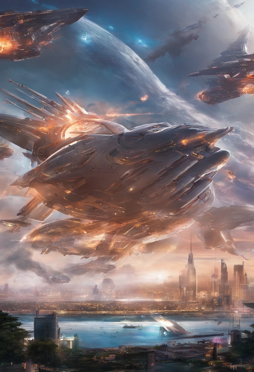 Master made,Grandiose spectacle,(Chinese characteristics),((Sword appearance)Flying battleship),Future technological weapons,((Majesty,Domineering)),{opening fire,Full fire,(((Bombing Japan)))bombardment},background in war,Highest image quality,complexdetails,Extreme resolution,Dynamic obfuscation,Full of details,Precise detailing