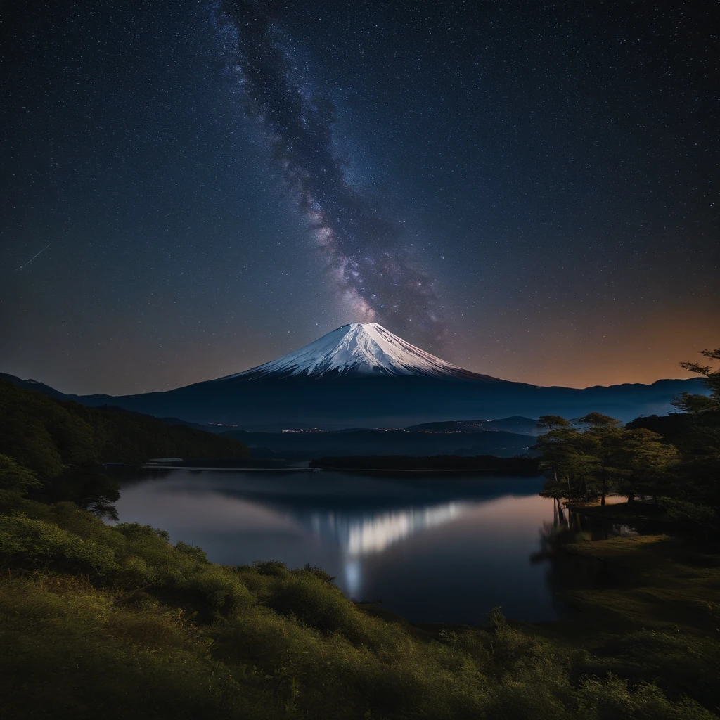Master Parts、Superior Quality、superior image quality、The 8k quality、、Beautiful pictures of the starry sky、magnifica、Arched Milky Way:1.9、Mt fuji、lake、Valley