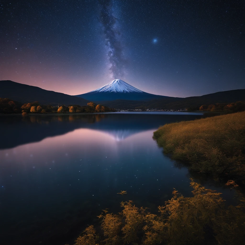 Master Parts、Superior Quality、superior image quality、The 8k quality、、Beautiful pictures of the starry sky、magnifica、Arched Milky Way:1.9、Mt fuji、lake、Valley
