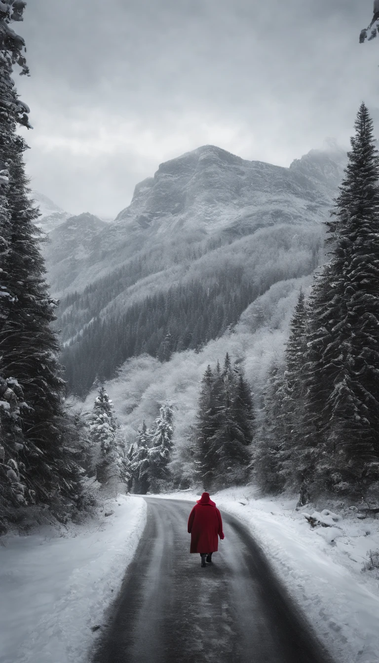snow landscape，Back shadow，（The girl who left turned her back to the audience:1.1），中景 the scene is，独奏，（cabelos preto e longos），（Without a hat），Wear a red cotton coat，Black boots，Go into the distance，Heavy snowfall，Roads to distant places，Trees wither in winter，blanketed in a mantle of snow，Winter tones，somber mood，The vista is a mountain，（Snowflakes drift in the endless sky），8k wallpaper，cinema4d，Cinematic lighting effects，light and shadow effect，Tyndall，rendering by octane，White balance，Unreal 5，Extremely detailed picture，light particules，depth of fields，tmasterpiece，realisticlying