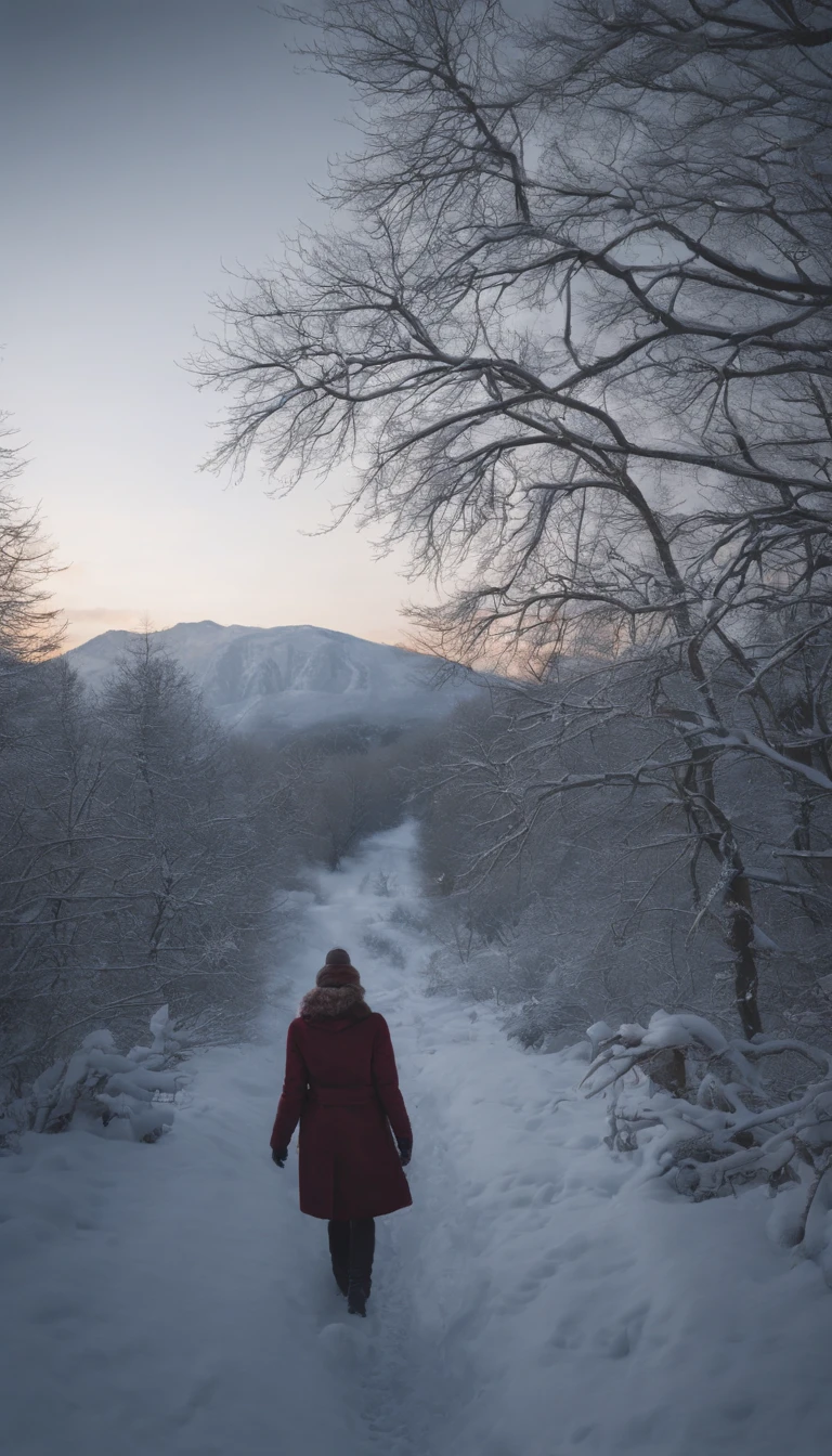 snow landscape,Back shadow,(The girl who left turned her back to the audience:1.1),中景 the scene is,独奏,(cabelos preto e longos),(Without a hat),Wear a red cotton coat,Black boots,Go into the distance,Heavy snowfall,Roads to distant places,Trees wither in winter,blanketed in a mantle of snow,Winter tones,somber mood,The vista is a mountain,(Snowflakes drift in the endless sky),8k wallpaper,cinema4d,Cinematic lighting effects,light and shadow effect,Tyndall,rendering by octane,White balance,Unreal 5,Extremely detailed picture,light particules,depth of fields,tmasterpiece,realisticlying