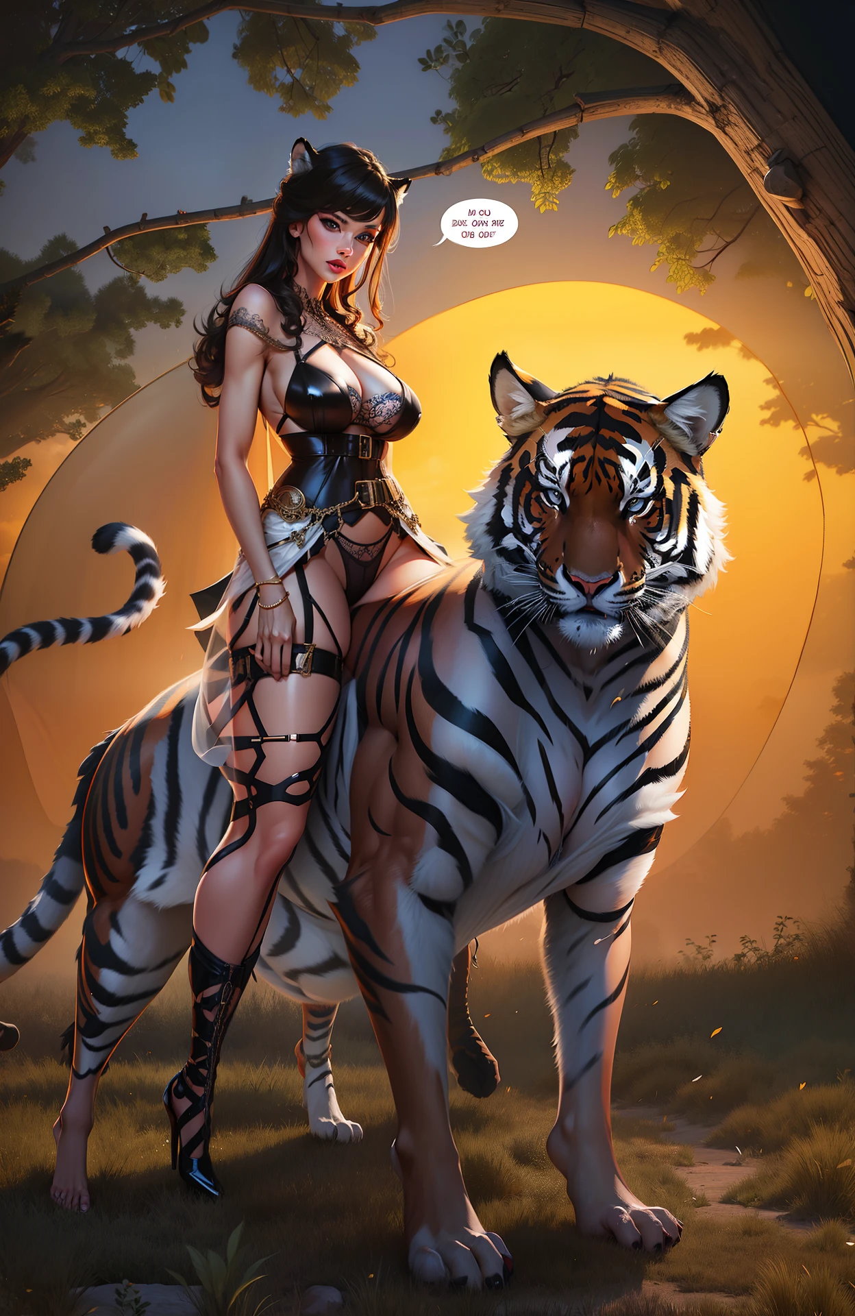 Sexy woman riding on the back of a muscle tiger,The woman holds the belt of a tiger in her hand,huge tit,nedium breasts,protruding areolas,semi-bare,photorealisti,sexually arousing,see-through transparent clothes,no brassiere,Sexy erotic panties,Perfect body proportions,Long legs