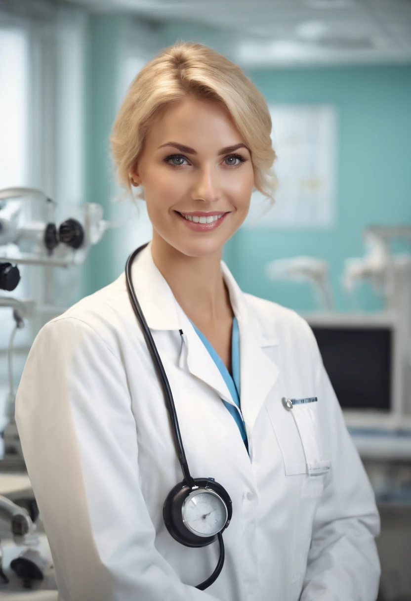 (masterpiece, best quality:1.4), photo, hd, 25 years old woman, blond short hair, beautiful nurse in her hospital, instruments, white work clothes, hospital intensiv station in the background, watching viewer, smile, analog film