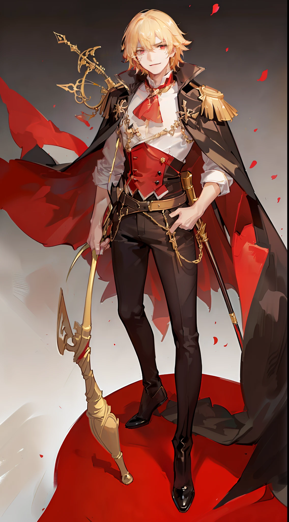 young boy, longue blonde hair, Heteroromy, smirk, red lipstick, red and yellow, red fluffy shirt, black tight pants, Dark purple cape, cane, Masterpiece, hiquality, higly detailed, HD, 4k
