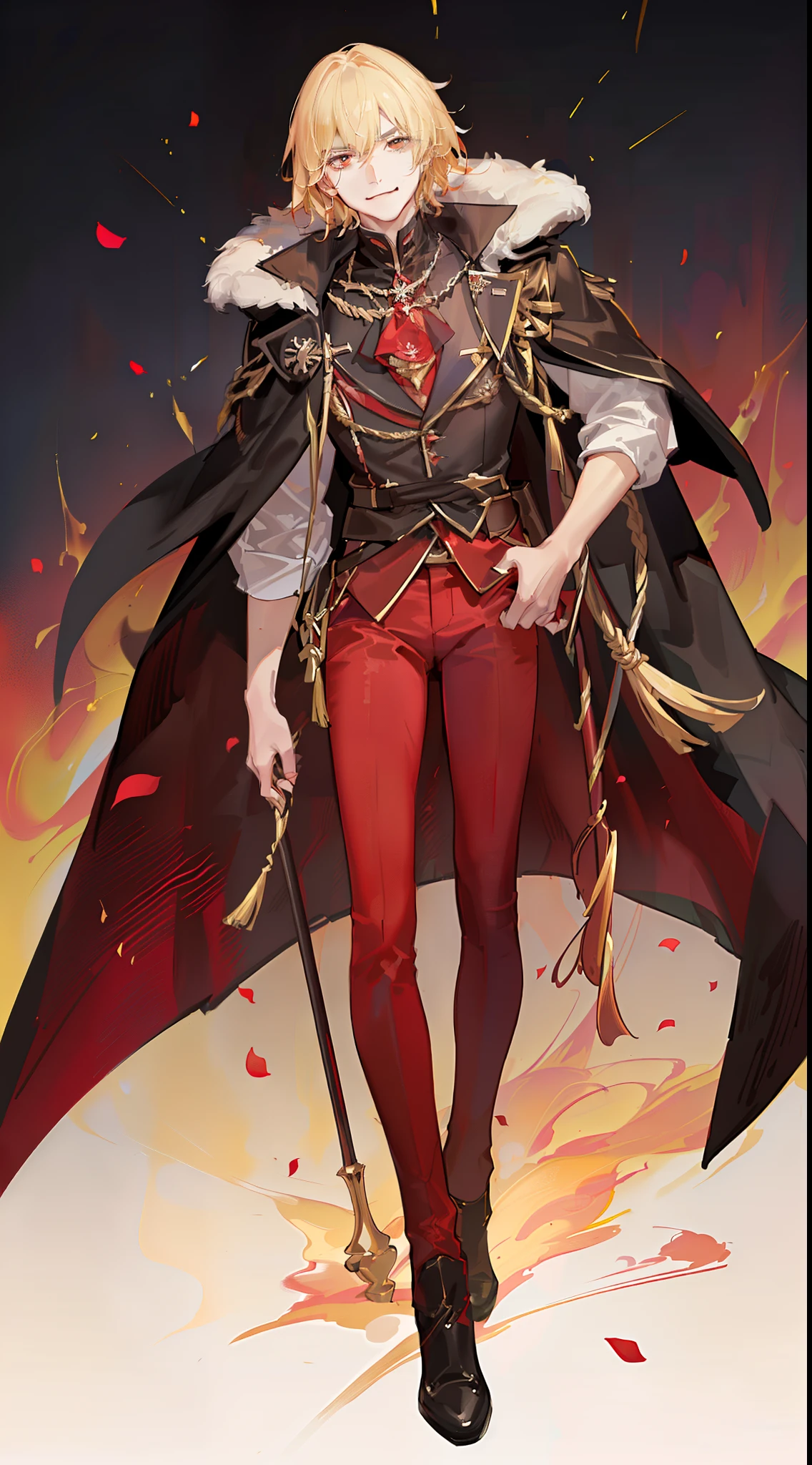 young boy, longue blonde hair, Heteroromy, smirk, red lipstick, red and yellow, red fluffy shirt, black tight pants, Dark purple cape, cane, Masterpiece, hiquality, higly detailed, HD, 4k