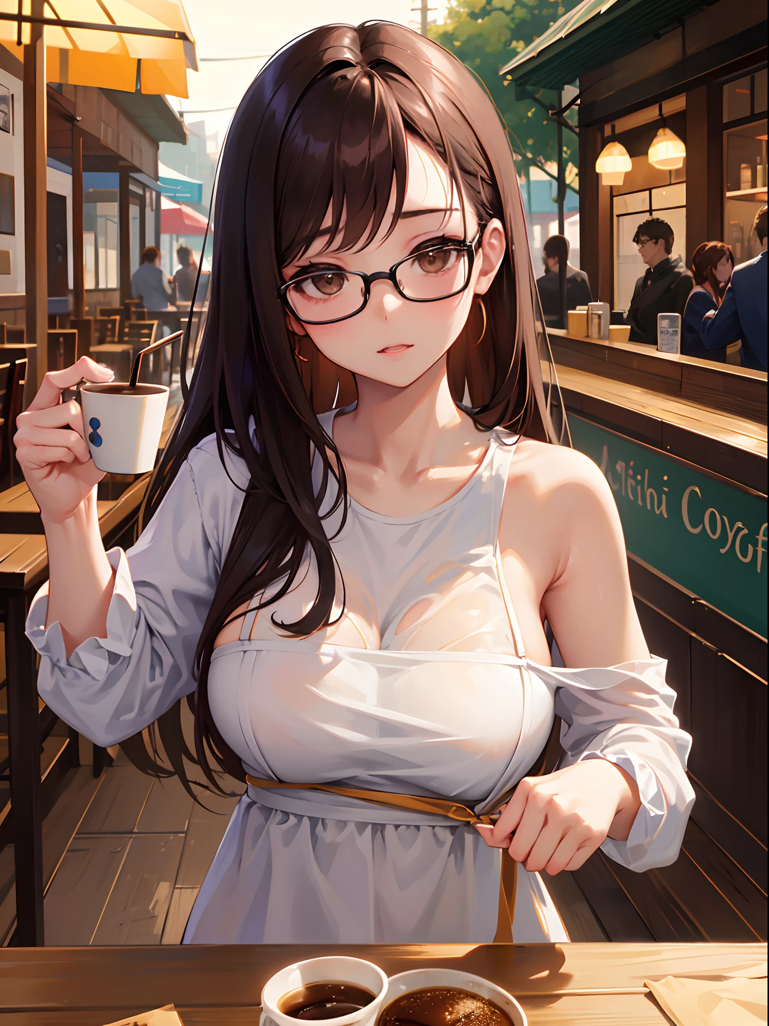 1人の女性、brown haired(Curta)、Brown eyes、Black-rimmed glasses、 Best Quality、ultra-detailliert、8K resolution、Raw photo、masutepiece、seductive boobs、gorgeous faces、Perfect body、cafe terrace、Coffee Time