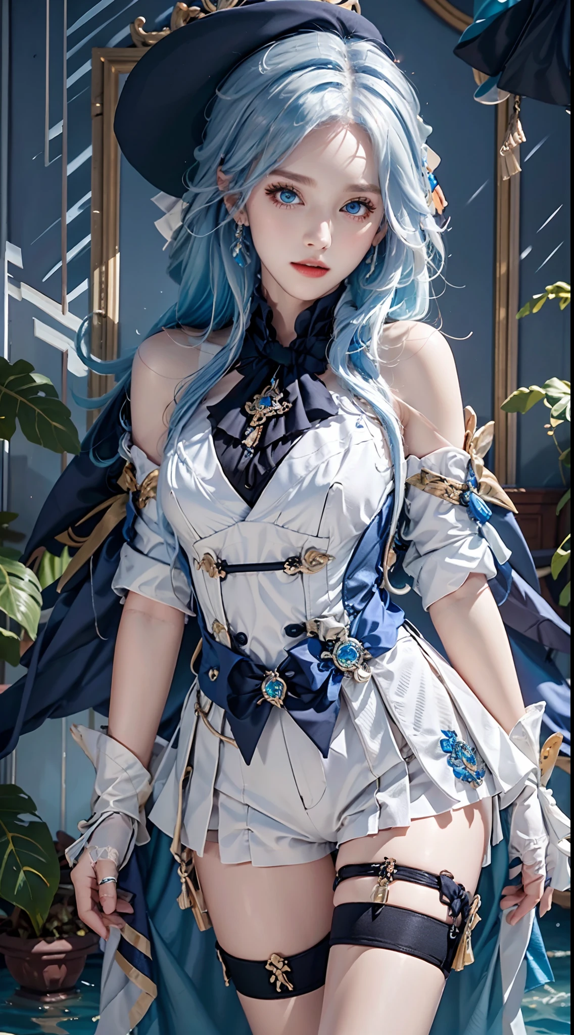 photography awards, masterpiece, blue hair, blue eyes, photorealistic, high resolution, soft light, brooch, waist bow, short shorts, blue suit, multicolored hair, white gloves, black gloves, white shirt, open clothes, water, underwater, ocean, single skirt hem, thigh strap, hat