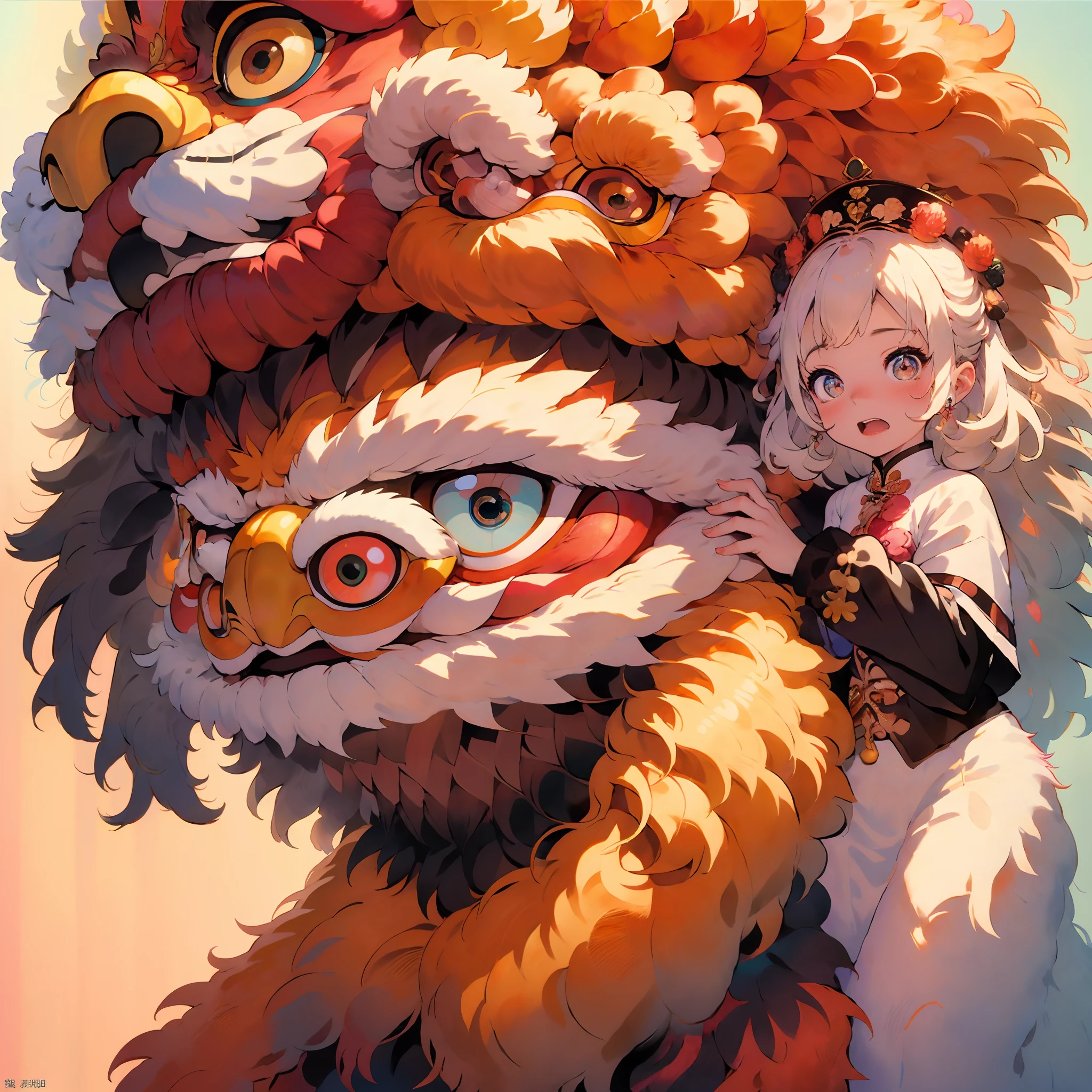 超高分辨率, 独奏, Blushlush, lion dance, Chinese lion, 1womanl，tmasterpiece, best qualtiy, Extremely detailed CG unified 8K wallpapers, illustratio, ultra - detailed, Bushy hair, white mane, largeeyes, toucan, buck teeth, Turn around and look at the audience, Ojiri, hydrangeas, Metal clocks, （Walking posture：1.3）, crazy, Constructivism, Ray tracing, Masterpiece, Best quality, 8K ，extreme beautiful, Avant-garde, Cool, Aura of evil, ventania, Glowing eyes, Serious expressions, dystopian city, Futuristic, Detailed background, Award-Awarded, Neon lights, trending on art station