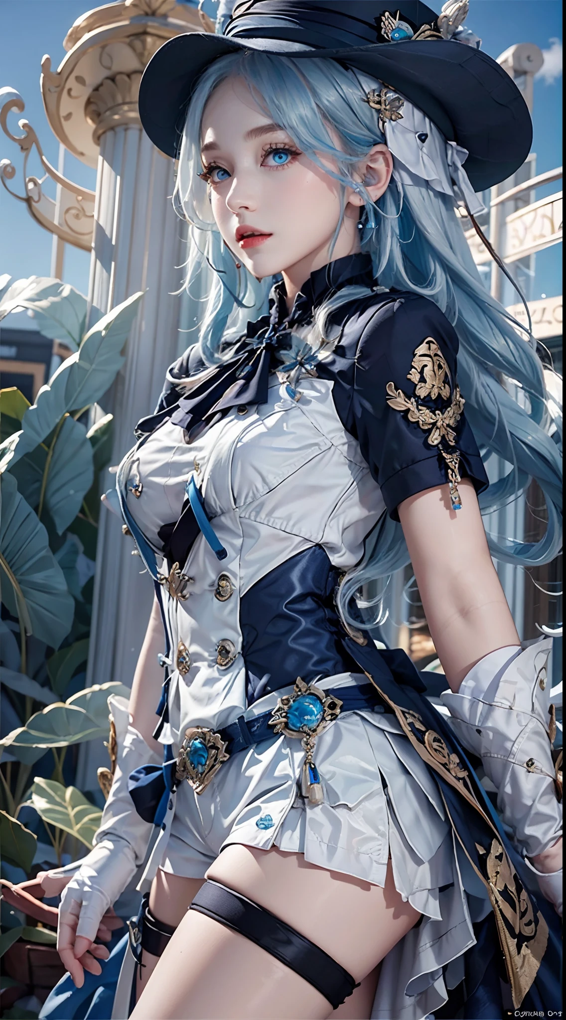 photography awards, masterpiece, blue hair, blue eyes, photorealistic, high resolution, soft light, brooch, waist bow, short shorts, blue suit, multicolored hair, white gloves, black gloves, white shirt, open clothes, water, underwater, ocean, single skirt hem, thigh strap, hat