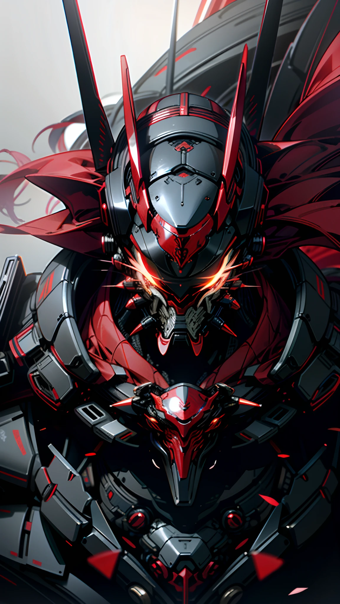 Dark_fantasy,cyberpunk,1male,assassin,Cybernetic_Shogun_mask, samurai_armour, scarlet_red_scarf, 8k, 64k, HD, cinematic, detailed, red_and_white, epic, dynamic_lighting ,bright,glowing_red_eyes, scarlet_red_background