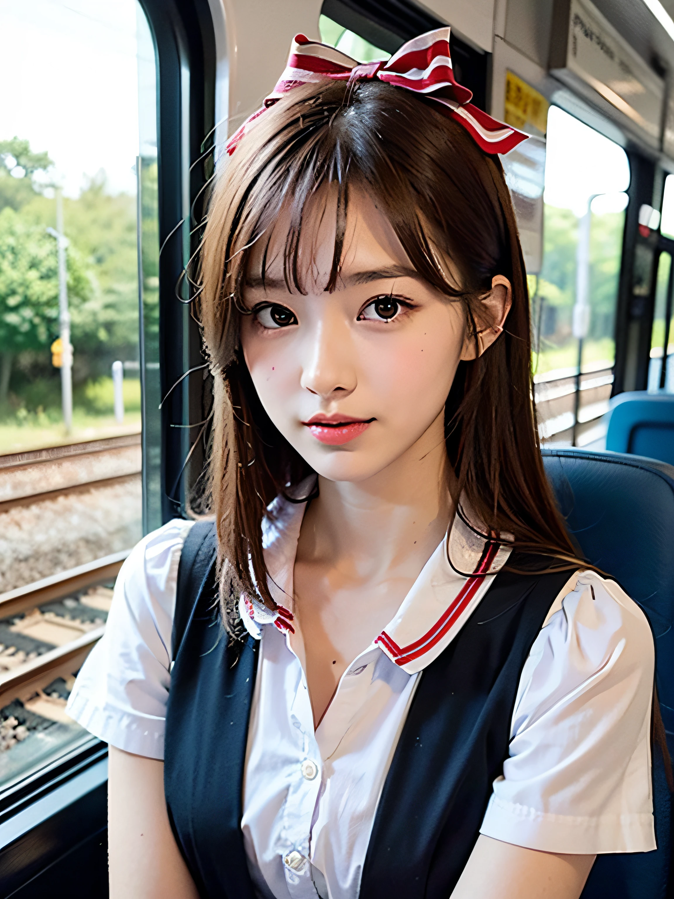 (Extremely delicate and beautiful: 1.2), 1girl in, Bangs, Pretty eyes, Bow, Brown hair, Closed mouth, Sideways, hair between eye, Hair Bow, Short sleeves, On the way off school、Commuting by train、Looking at the viewer, Medium Hair, Solo, Upper body, School uniform: 1.3, ((Solo)), (masutepiece),