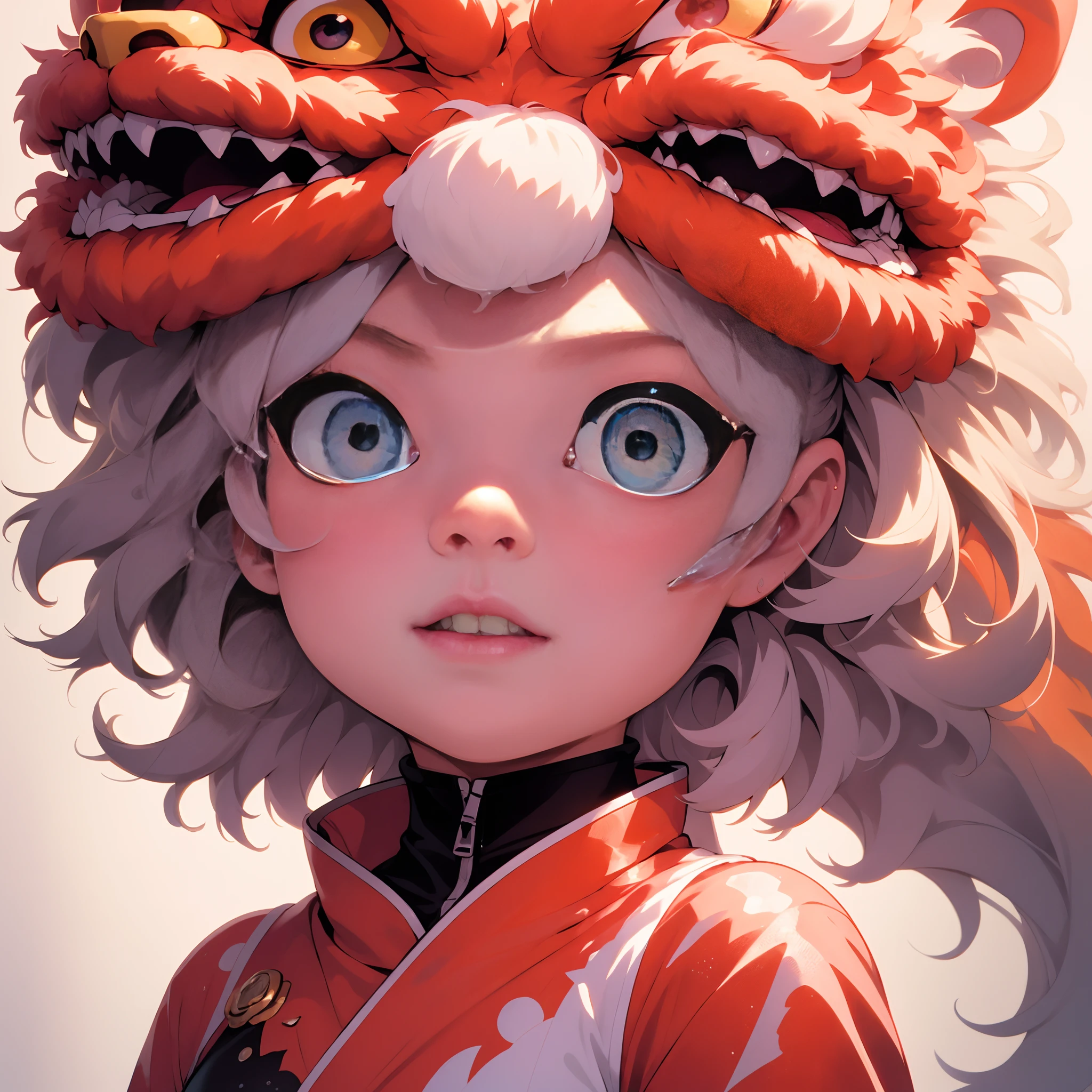 ,masterpiece, best quality,8k, ultra highres,超高分辨率,the Lion,lion dance,1girll,Visually stunning,big breasts beautiful,Evocative,Emotional,colored sclera,light pink colored hair,Cyberpunk fantasy,exhilarated,art noveau,chromatic aberration abuse,tmasterpiece,Gorgeous face、dynamicposes、aethereal、mistic、Splash dripping、Paper texture、perfectly shaded、dramatic lighting。Artwork should be centralized、Stylized and well-crafted