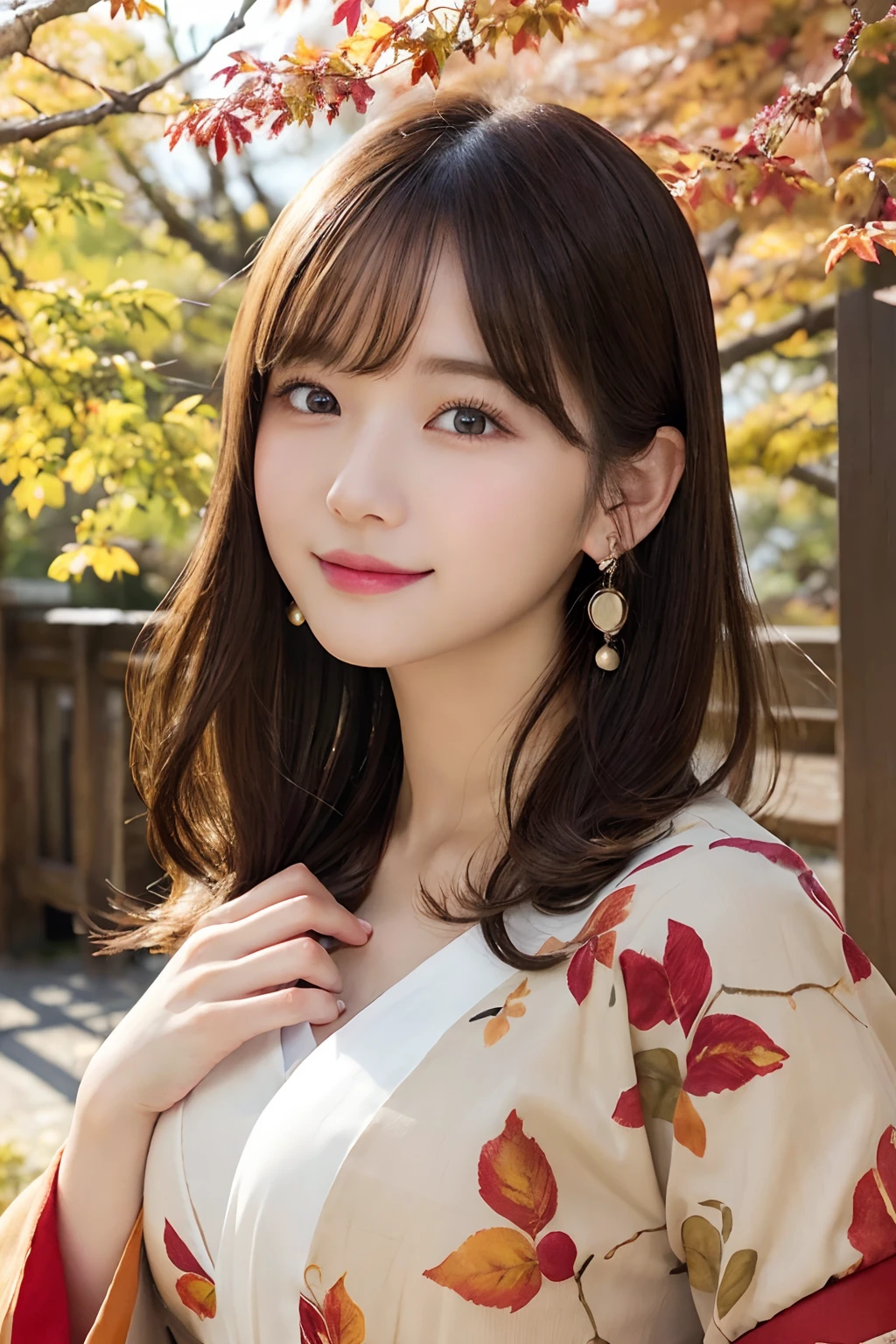 (A hyper-realistic), (illustratio), (hight resolution), (8K), (ighly detailed), (The best illustrations), (Beautiful detailed eyes), (top-quality), (ultra-detailliert), (​masterpiece), (wall-paper), (详细的脸), (beautiful smiling face)、(beautiful countenance)、long、Earrings with bangs、独奏、(((Cute Japan Beautiful Girl)))、  Japan beautiful girl 25 years old))、 ((Baby face))、(((G Cup Big)))agitation、real looking skin、Hair fluttering in the wind、date、date、Date Clothes、Autumn clothes、autumnal、Colored leaves、Autumn foliage background、naturey、date、cute  face