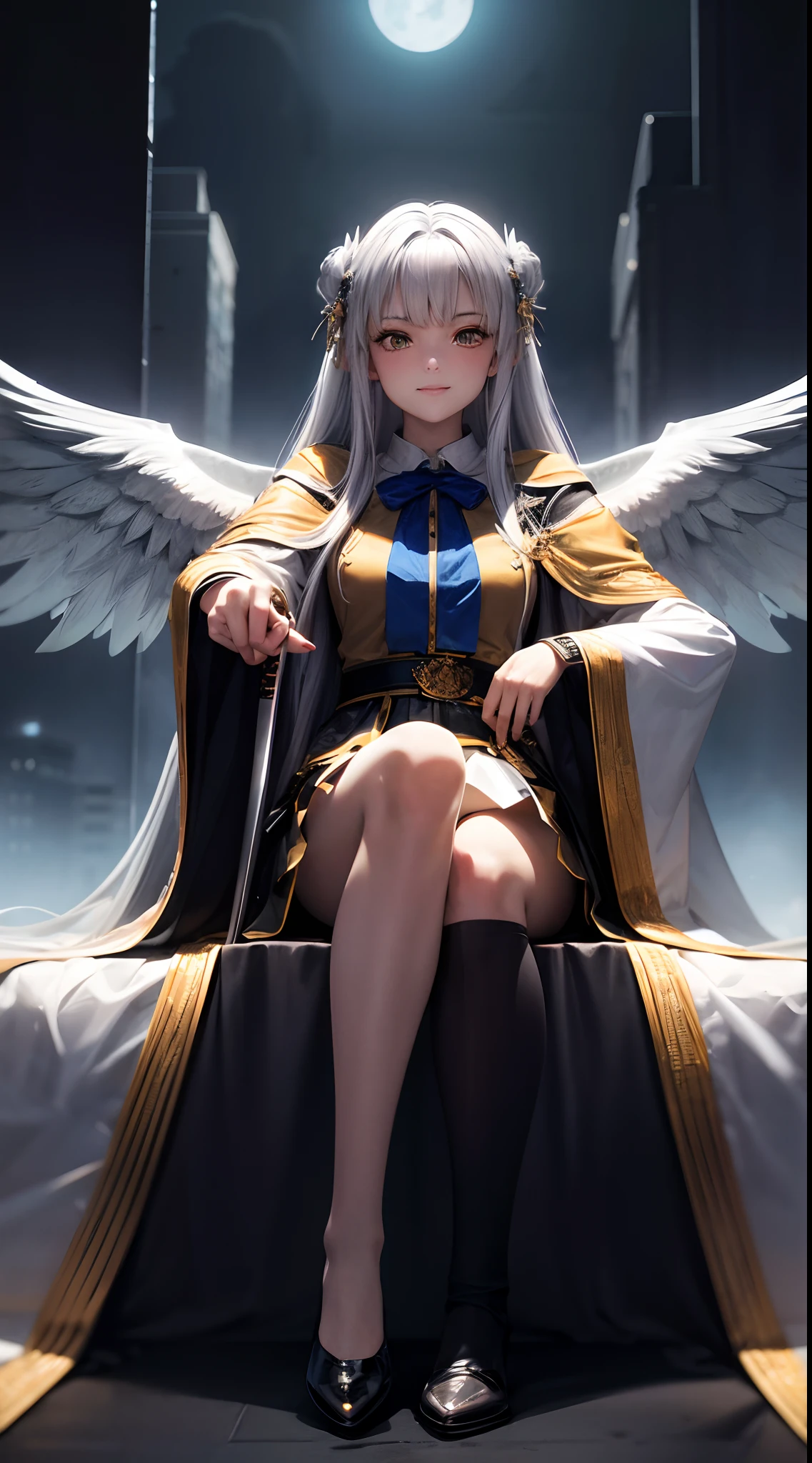 Full body, silver-haired young girl, yellow eyes, angelic body, and face, high school uniform dress with a mini skirt, wield a katana, wears a cloak and hairpin, sitting at throne, crimson wings, blue moon and high rise building background scene, magic circle with diamond,  brave smile, stable diffusion v5, anime style v3, dynamic, image enhance, dream shape, vibrant, realistic face, 8k quality, upscale, sharp focus.