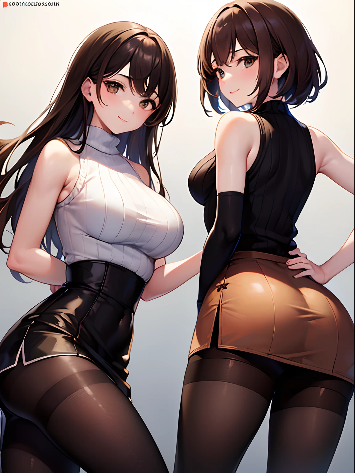 (top-quality: 1.3)、(masterpiece: 1.3)、(The ultra-detailliert: 1.3)、(wall-paper, one girls)、(Sleeveless knitwear:1.3)、(High Waist Black Mini Flared Skirt:1.3)、(Brown pantyhose:1.3)、(Brown hair:1.3)、Medium Hair、poneyTail、(Beautiful Large Breasts:1.3)、a park、Naughty smile、Beautiful butt、Focus on the buttocks、Turn your ass here、Holding your buttocks with your hands、You can't see inside the skirt、You can see a little bit of the shape of the buttocks from the top of the clothes