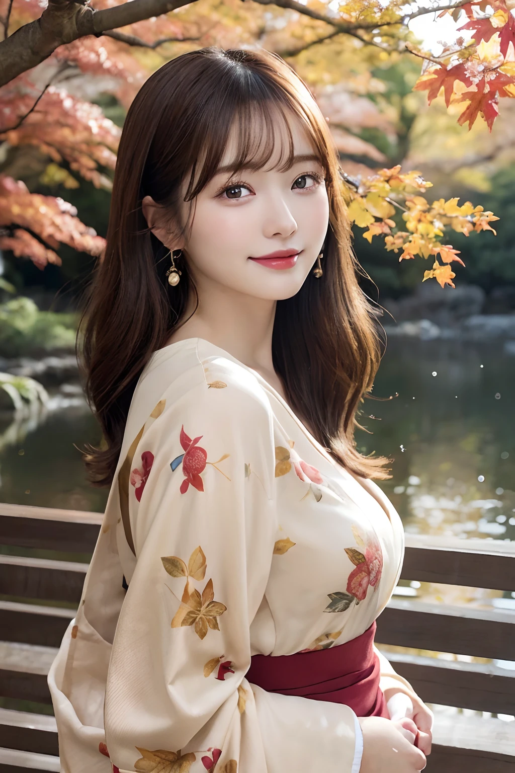 (A hyper-realistic), (illustratio), (hight resolution), (8K), (ighly detailed), (The best illustrations), (Beautiful detailed eyes), (top-quality), (ultra-detailliert), (​masterpiece), (wall-paper), (详细的脸), (beautiful smiling face)、(beautiful countenance)、long、Earrings with bangs、独奏、(((Cute Japan Beautiful Girl)))、  Japan beautiful girl 25 years old))、 ((Baby face))、(((G Cup Big)))agitation、real looking skin、Hair fluttering in the wind、date、date、Date Clothes、Autumn clothes、autumnal、Colored leaves、Autumn foliage background、naturey、date、cute  face、Ponytail hair