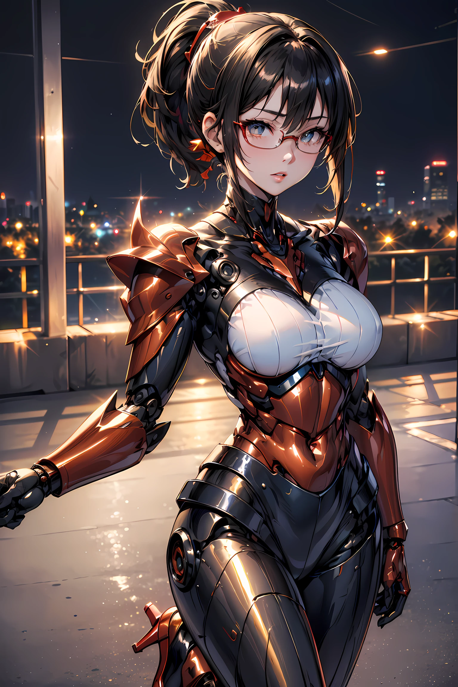 (1mecha girl:1.3, solo), (Audrey Hepburn:1.3), (a extremely pretty and beautiful Japanese woman), (sexy girl), (professional attire:1.3), (22 years old: 1.1), (walking on red carpet:1.3), (attractive random posing:1.3), (in the night royal party:1.3), (looking straight at you:1.3), (starring at you:1.3), (front view:1.3),  break, (ponytail:1.3), (shiny-black thin hair:1.2), bangs, dark brown eyes, beautiful eyes, princess eyes, (big eyes:1.3), bangs, wearing a glasses:1.3, Hair between eyes, short hair:1.3, (slender:1.1), (small-medium-breasts:0.95), (thin waist: 1.15), (detailed beautiful girl: 1.4), Parted lips, Red lips, full-make-up face, (shiny skin), ((Perfect Female Body)), (upper body image:1.3), Perfect Anatomy, Perfect Proportions, (most beautiful Korean actress face:1.3, extremely cute and beautiful Japanese actress face:1.3), BREAK, (View viewer, wearing a lovely bitch cordinate, (insanely detailed shiny-red cyborg body armor:1.3), (mecha cyborg armor:1.3), (pin-heels:1.3), detailed clothes, BREAK, (detailed royal night party background:1.2), (dark background), (Studio soft lighting: 1.3), (fake lights: 1.3), (backlight: 1.3), BREAK, (Realistic, Photorealistic: 1.37), (Masterpiece, Best Quality: 1.2), (Ultra High Resolution: 1.2), (RAW Photo: 1.2), (Sharp Focus: 1.3), (Face Focus: 1.2), (Ultra Detailed CG Unified 8k Wallpaper: 1.2), (Beautiful Skin: 1.2), (pale Skin: 1.3), (Hyper Sharp Focus: 1.5), (Ultra Sharp Focus: 1.5), (Beautiful pretty face: 1.3), (super detailed background, detail background: 1.3), Ultra Realistic Photo, Hyper Sharp Image, Hyper Detail Image,