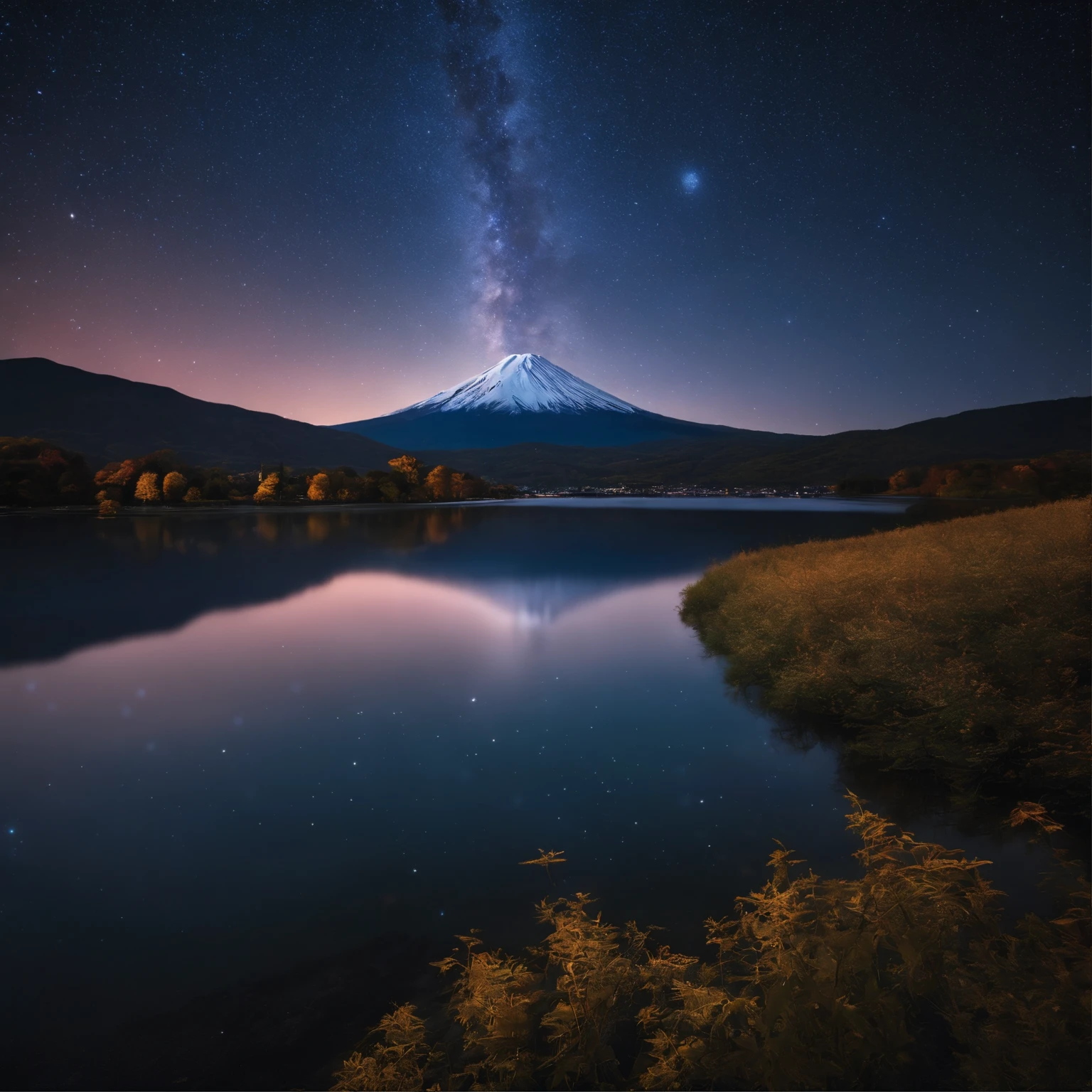 Master Parts、Superior Quality、superior image quality、The 8k quality、、Beautiful pictures of the starry sky、magnifica、Arched Milky Way:1.9、Mt fuji、lake、Valley