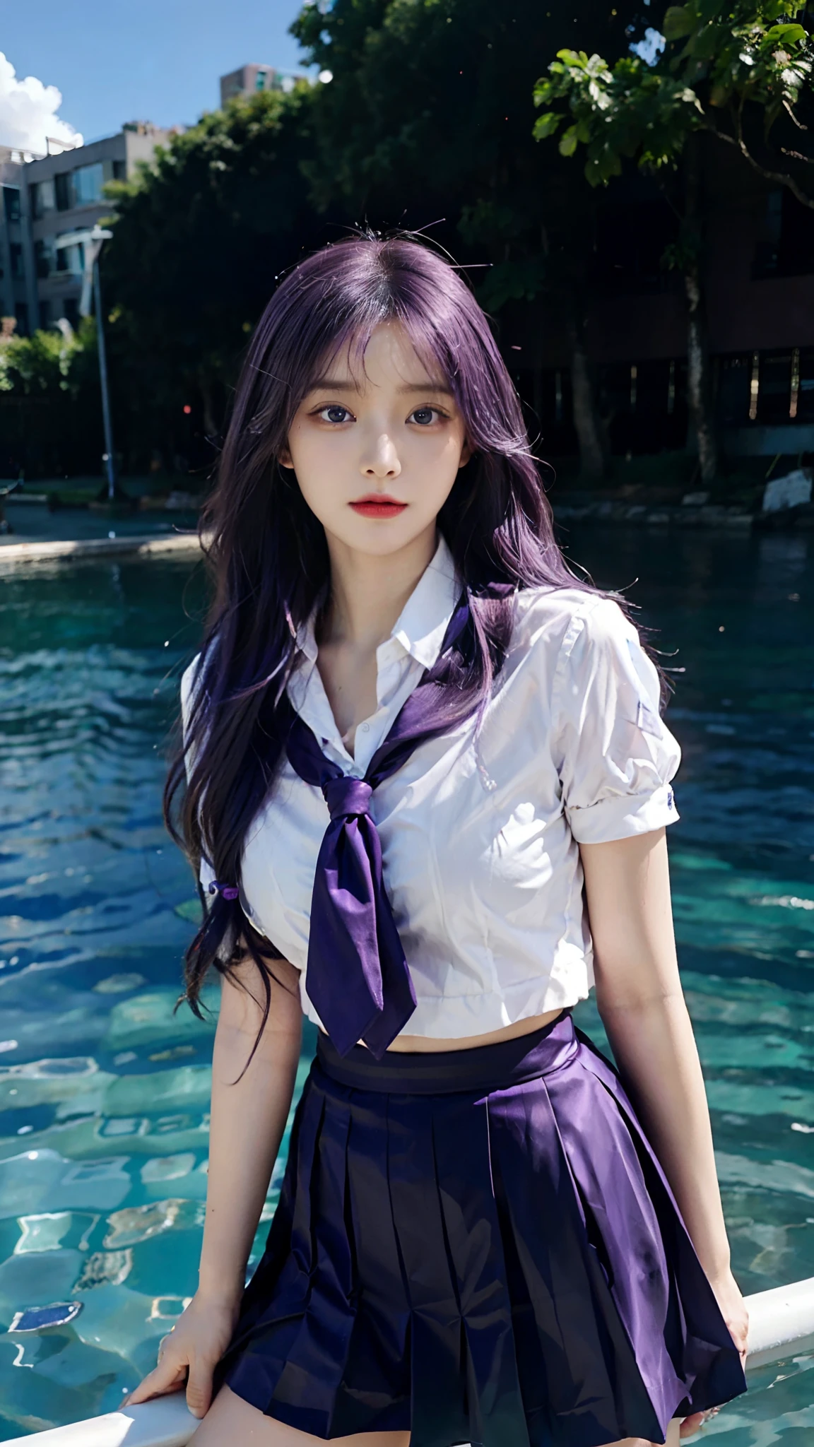 Masterpiece, Best quality, 1girll, Loli, purple hair, Blue eyes,Very long hair, hair flower, school uniform, purple uniform, purple Mini skirt, cheerfulness, Amazing, Beautiful detailed eyes, finedetail, Depth of field, Extremely detailed CG, Original, Outdoors, soaking wet, Knees under water, beautiful detailed water, Beautiful detailed sky, fluttered detailed splashs, author, Colorful, hdr, colorful refraction, inematic lighting, attractive pose, upper body capture,