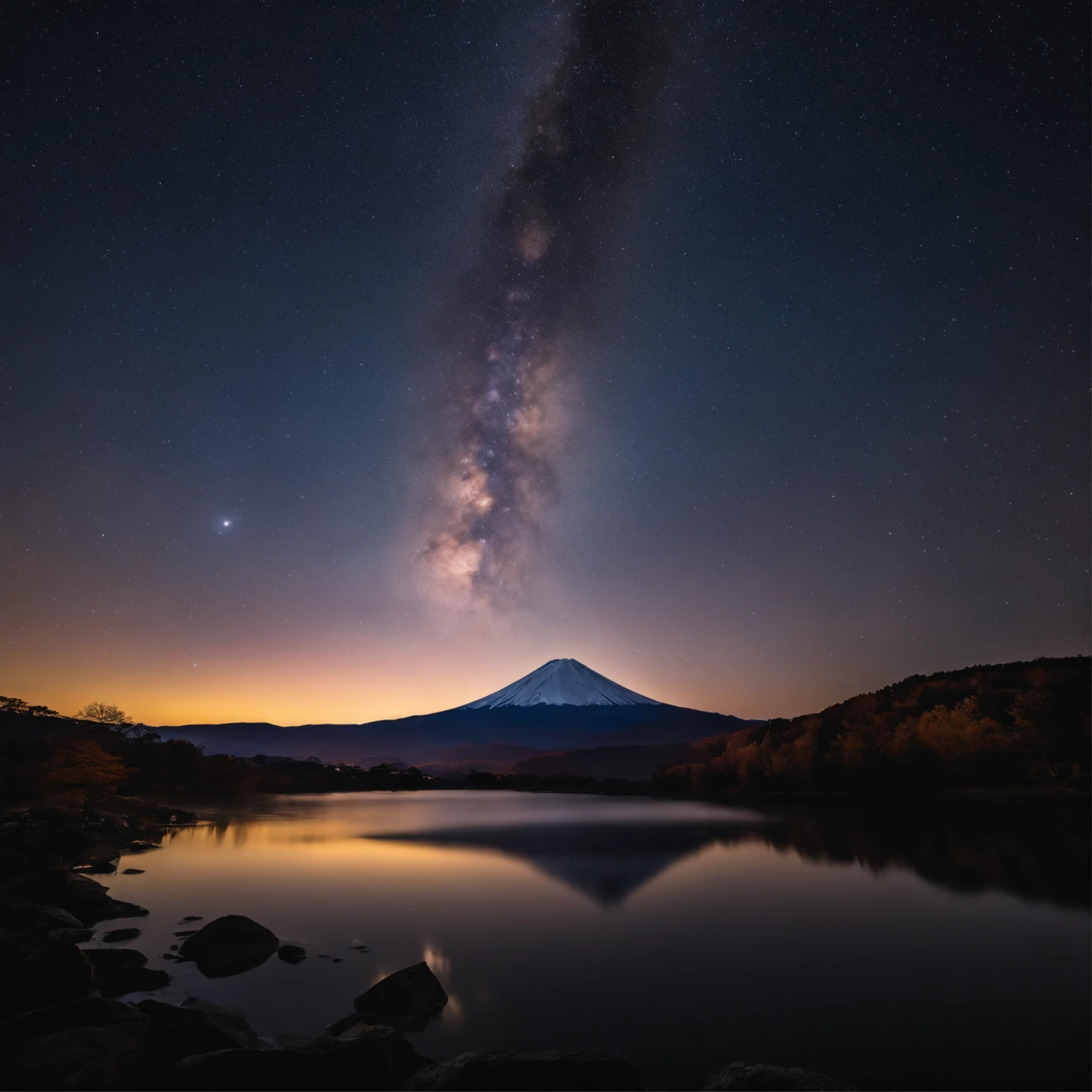 Master Parts、Superior Quality、superior image quality、The 8k quality、、Beautiful pictures of the starry sky、magnifica、Arched Milky Way:1.9、Mt fuji、lake、Valley