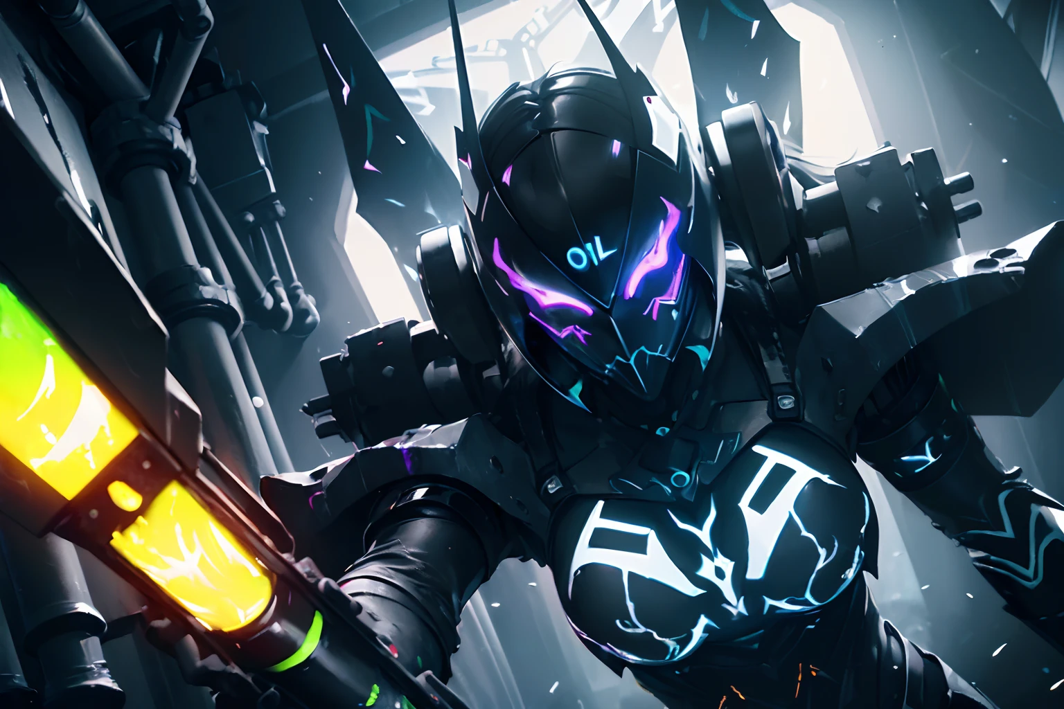 (((oil paint and black light paint:1.3))), mechanism, mechanical sf lady, (mechanical optical body:1.2), mechanical arms of blade and laser beam gun, long orange metallic hair with radiant azure flame outline, (gloss and reflection detailed texture:1.3), (detailed cool cutting:1.3), intricate details, 8k, (masterpiece:1.2), (((extremely detailed texture:1.3))), ((metallic of light black and black white)), (black white gloss:1.3), aerodynamics, flight, antenna, communication device, middle shot and cinematic angle, cyber landscape background detail,