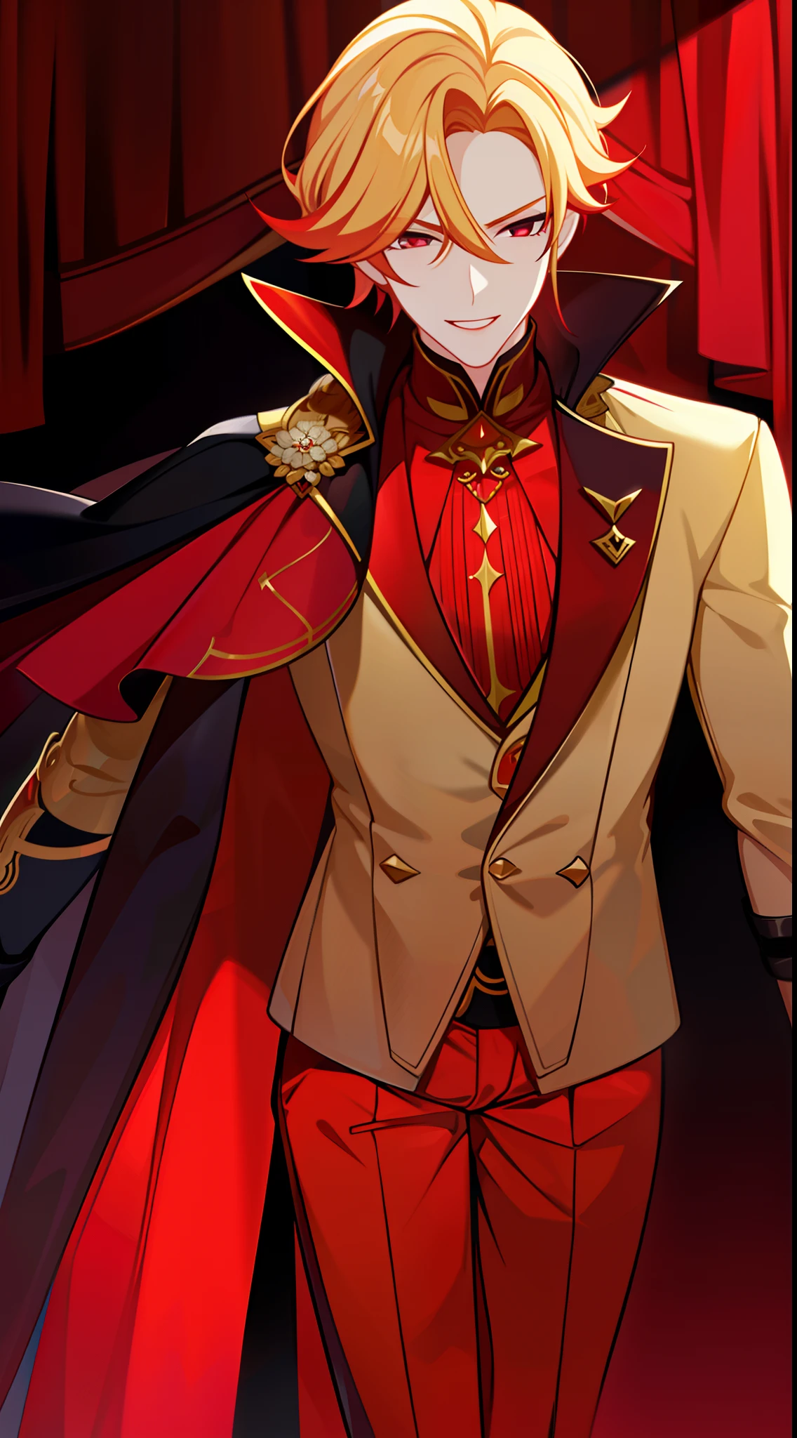 young boy, longue blonde hair, Heteroromy, smirk, red lipstick, red and yellow, red fluffy shirt, black tight pants, Dark purple cape, cane, Masterpiece, hiquality, higly detailed, HD, 4k