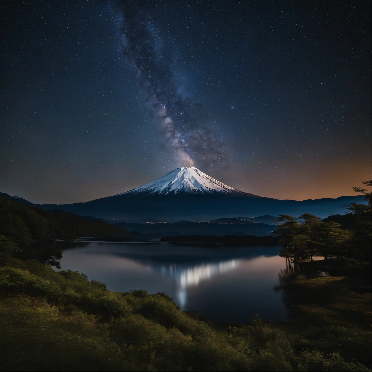 Master Parts、Superior Quality、superior image quality、The 8k quality、、Beautiful pictures of the starry sky、magnifica、Arched Milky Way:1.9、Mt fuji、lake、Valley