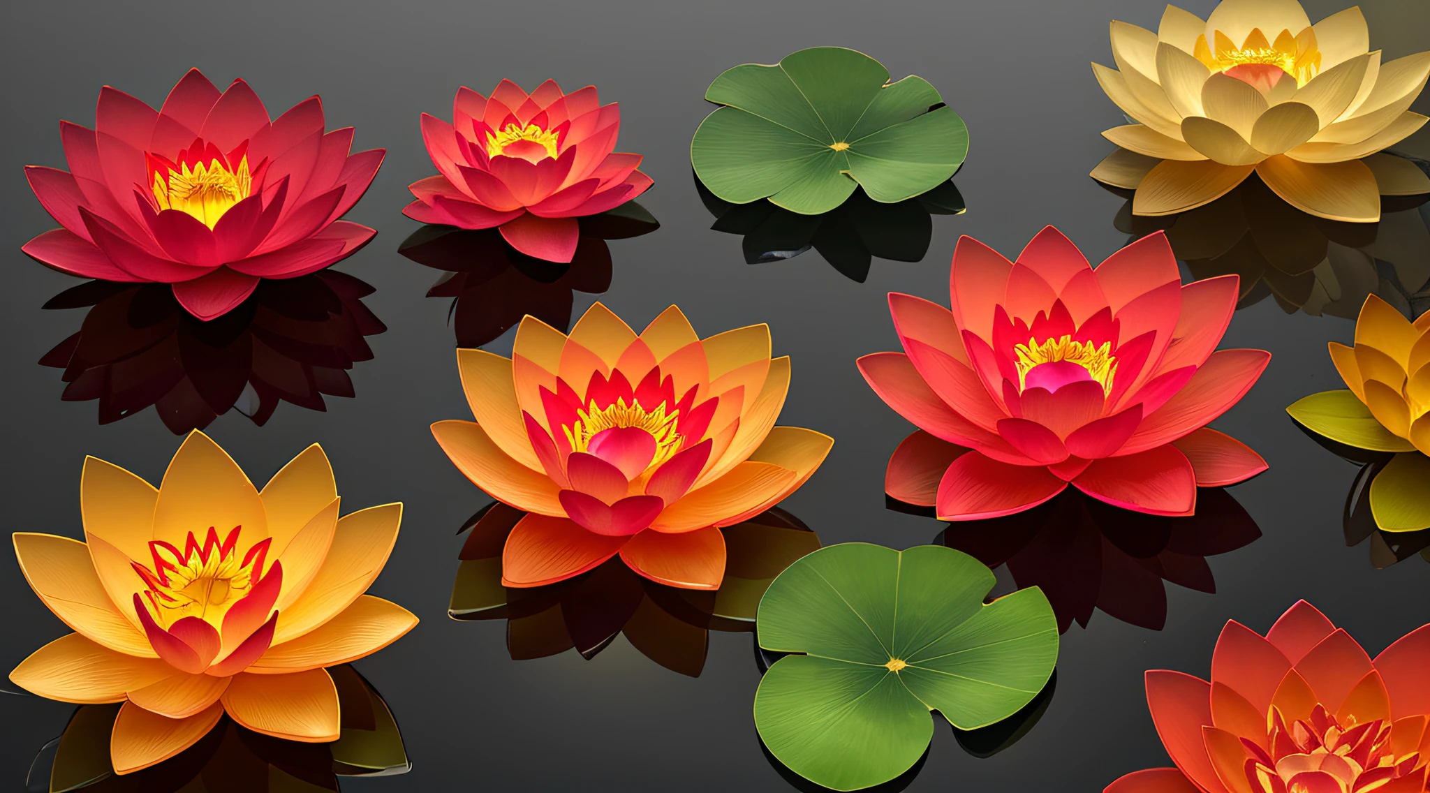 Enlightened mind, Red tones from orange to gold. About the rainbow color lotus flower, And float on transparency, Transparent water, Gold gradient background with light transparency. Golden energy flowed out of the flower core.