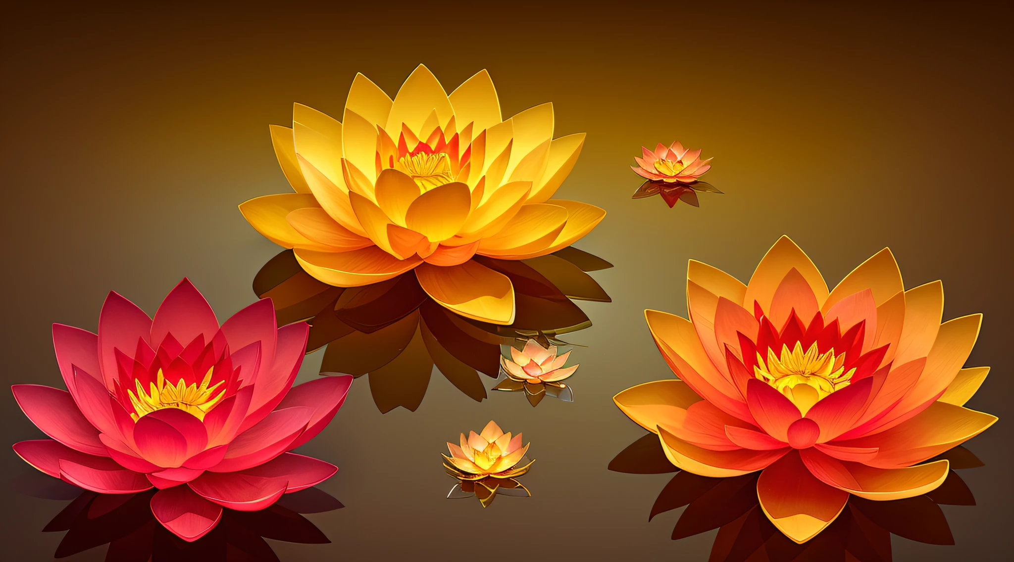 Enlightened mind, Red tones from orange to gold. About the rainbow color lotus flower, And float on transparency, Transparent water, Gold gradient background with light transparency. Golden energy flowed out of the flower core.