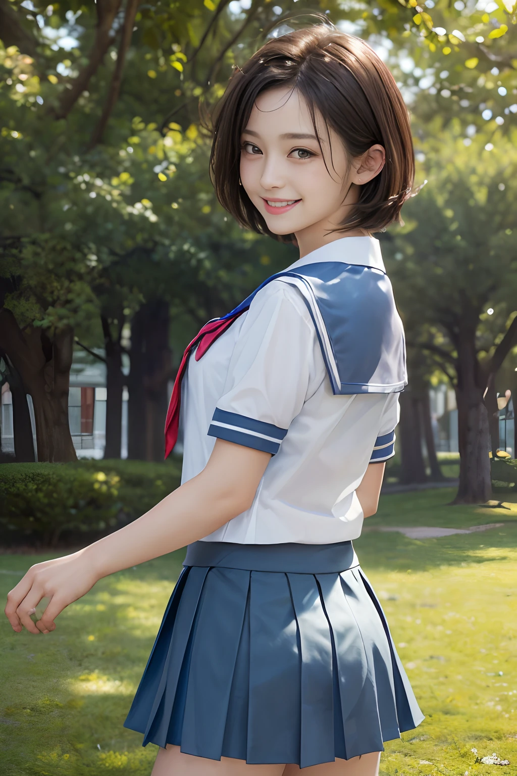 Enhanced dynamic perspective,cute cute 15 year old beautiful girl,((school uniform, short sleeve shirt))、((button gap)), short pleated skirt、look at me and smile,simple back gown,works of masters,high quality,4K resolution,super fine,fine pubic hair,Accurate,cinematic lighting,Retain original facial proportions、(huge breasts)、