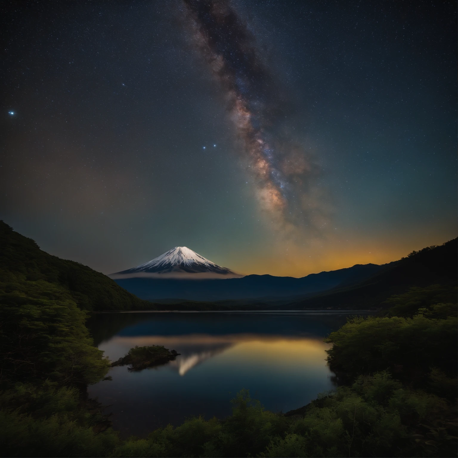 Master Parts、Superior Quality、superior image quality、The 8k quality、、Beautiful pictures of the starry sky、magnifica、Arched Milky Way:1.9、Mt fuji、lake、Valley