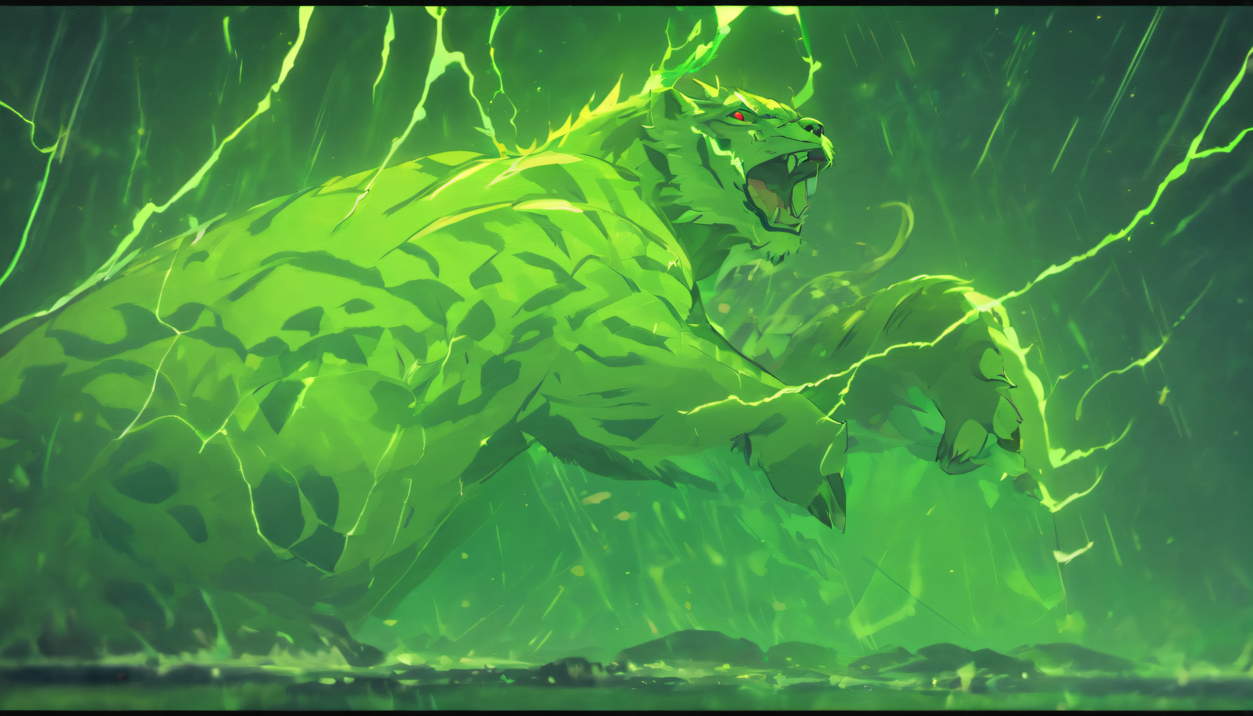 (Legendary artwork),(A war tiger),dark green color body,Robust limbs,Whole body diagram,Ultra-clear image quality,No characters,(Cloud effects:1.5),(Lightning effects:1.5),(Water vapor effect:1.5),super detailing,8K,official works