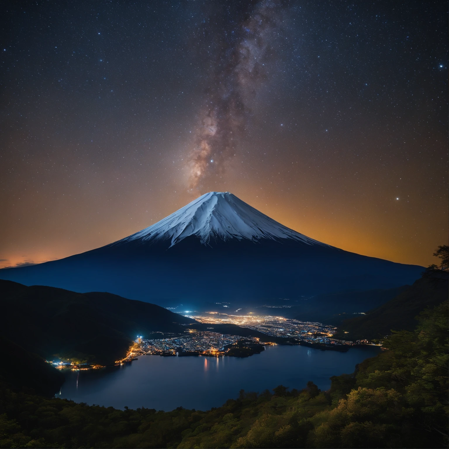 Master Parts、Superior Quality、superior image quality、The 8k quality、、Beautiful pictures of the starry sky、magnifica、Arched Milky Way:1.9、Mt fuji、lake、Valley