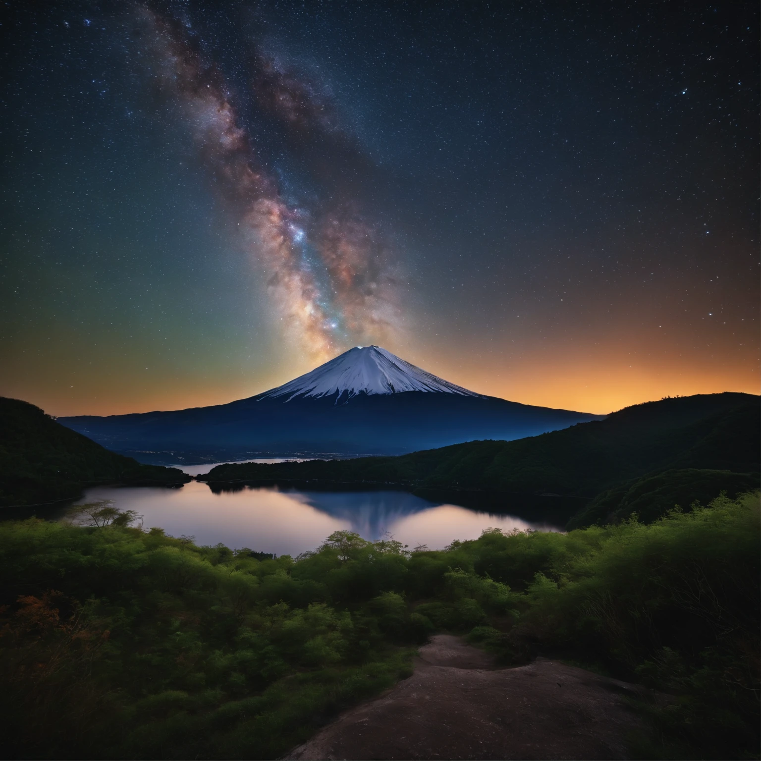 Master Parts、Superior Quality、superior image quality、The 8k quality、、Beautiful pictures of the starry sky、magnifica、Arched Milky Way:1.9、Mt fuji、lake、Valley